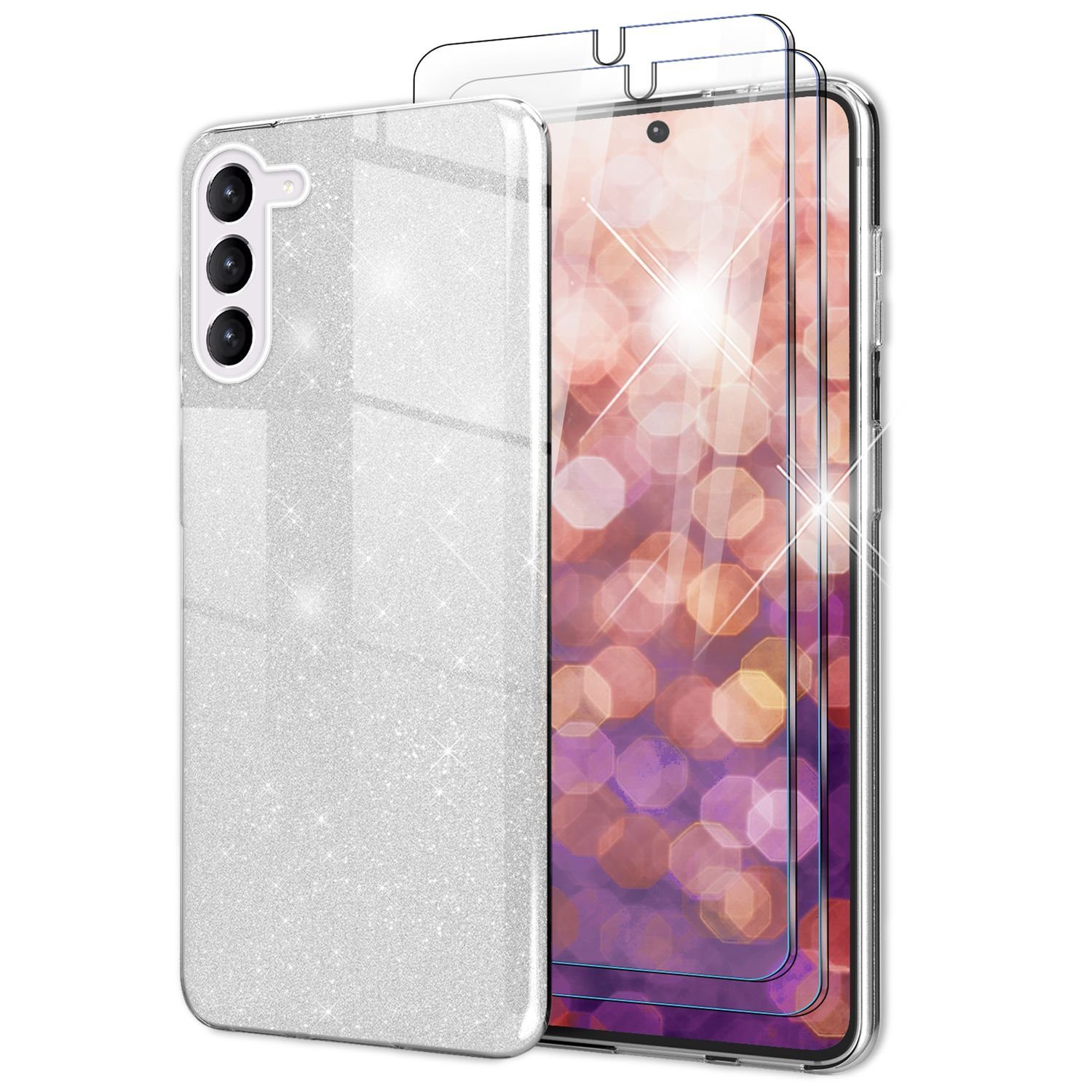 Nalia Smartphone-Hülle Samsung Galaxy S23 15,5 cm (6,1 Zoll), Glitzer Silikon Hülle / 2x Displayschutz / Innen Verstärkt / Stoßfest