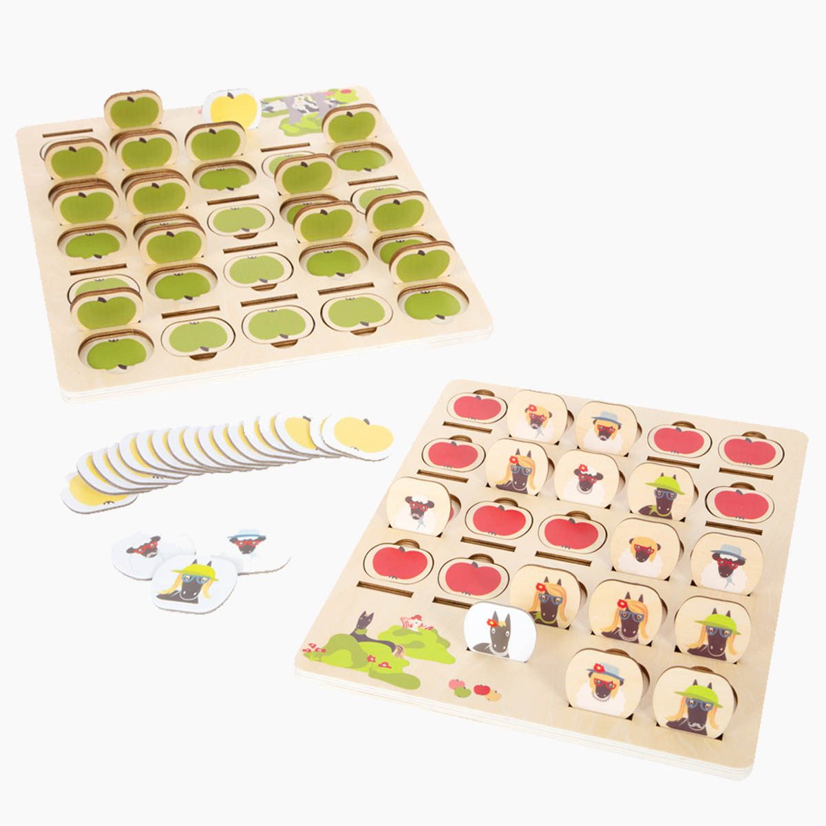 small foot GmbH & Co. KG Lernspielzeug Wer bin ich? 4 Friends (Packung, 46-St., 2Spielbrettern, Rate-Plättchen und 22 Pappkarten), Ratespiel und Memo-Spiel aus Holz für Fragen, Kombinieren