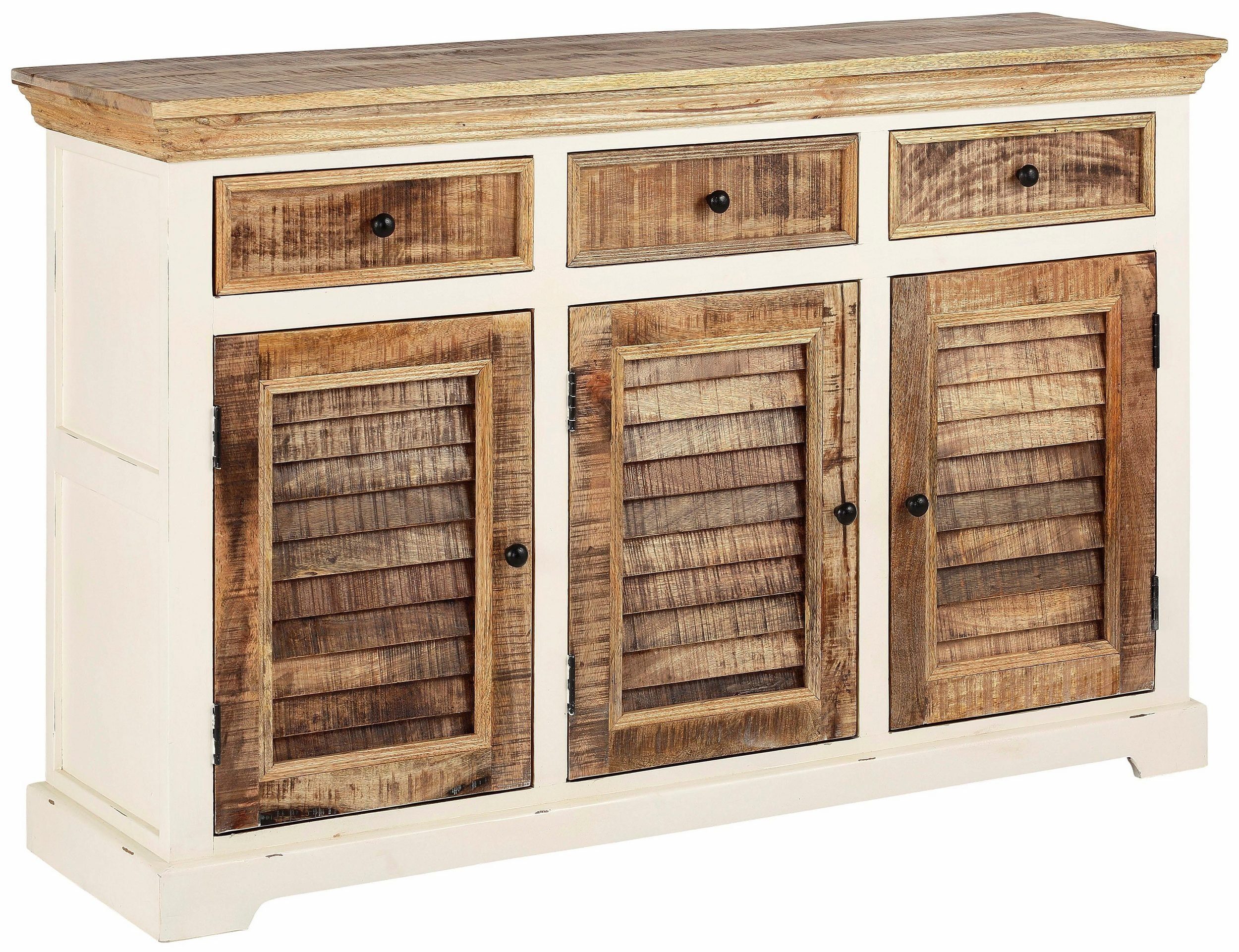 loft24 Sideboard Newport, 3 Türen+3 Schubladen, FSC®-zertifiziertes Mangoholz, Breite 140 cm, Lamellen Tür, Wohnzimmerschrank, Anrichte