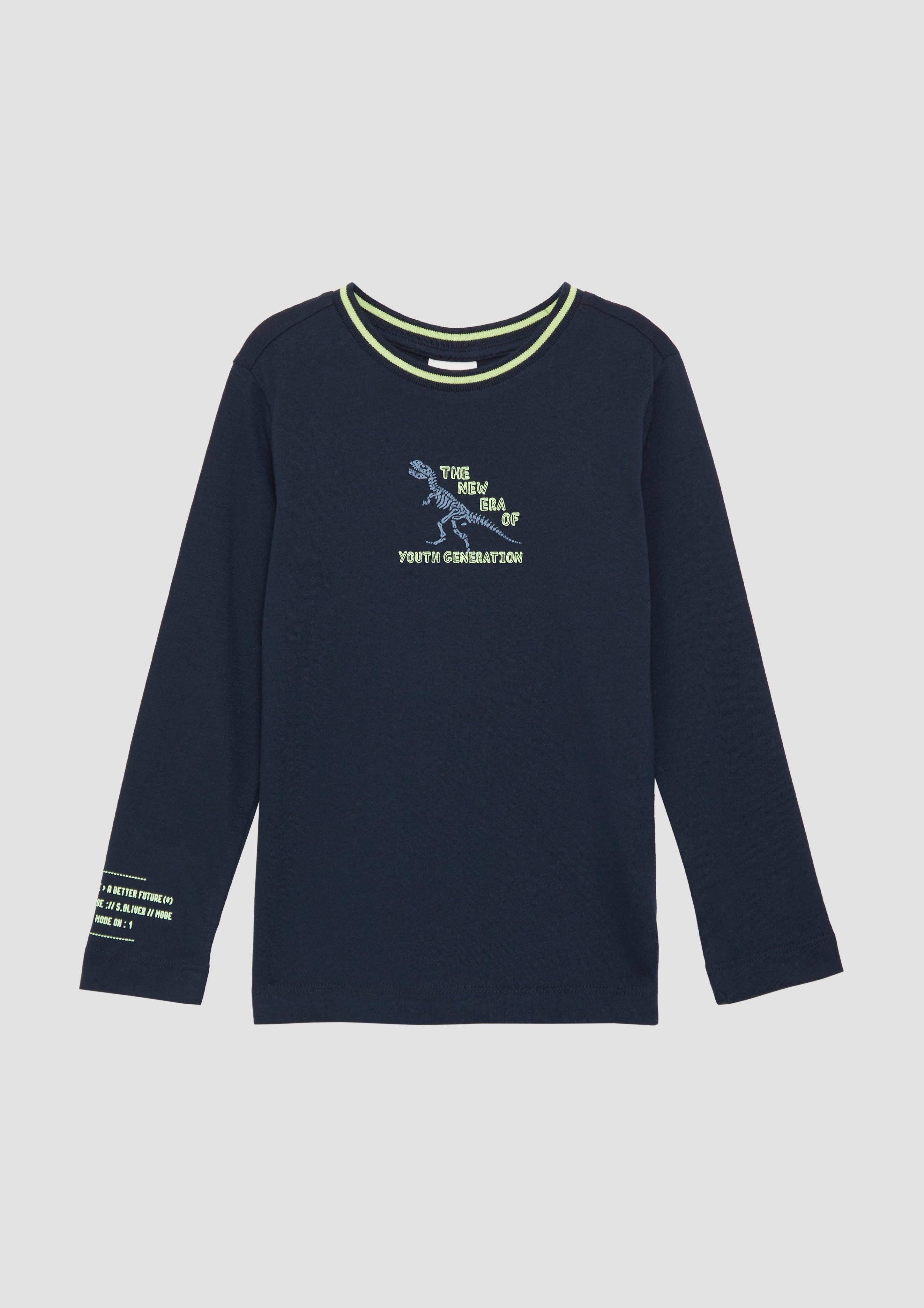 Langarmshirt Baumwoll-Longsleeve mit Print- und Kontrastdetails