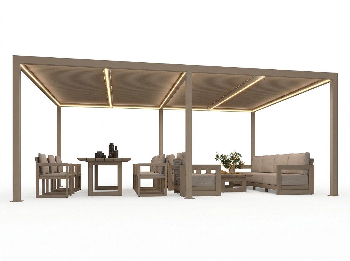 PURPLE LEAF Pergola Alu Lamellenpavillon winterfest wasserdicht freistehend Champagner, BxTxH: 590x368x240 cm, (2-tlg., 1 Pergola+ 1 × LED-Lichtband), wasserdichte Gartenüberdachung für Balkon, Carport oder Grillplatz