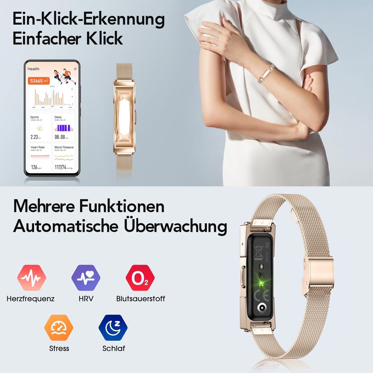 ANYSUN Fitness Tracker Uhr für Damen Herren,Smart Armband Smartwatch (47 cm) Smart-Armband,Schrittzähler/Blutsauerstoff/HRV/Schlaf-Tracker, Modisches Edelstein-Armband mit Nachrichten-/Anruferinnerung