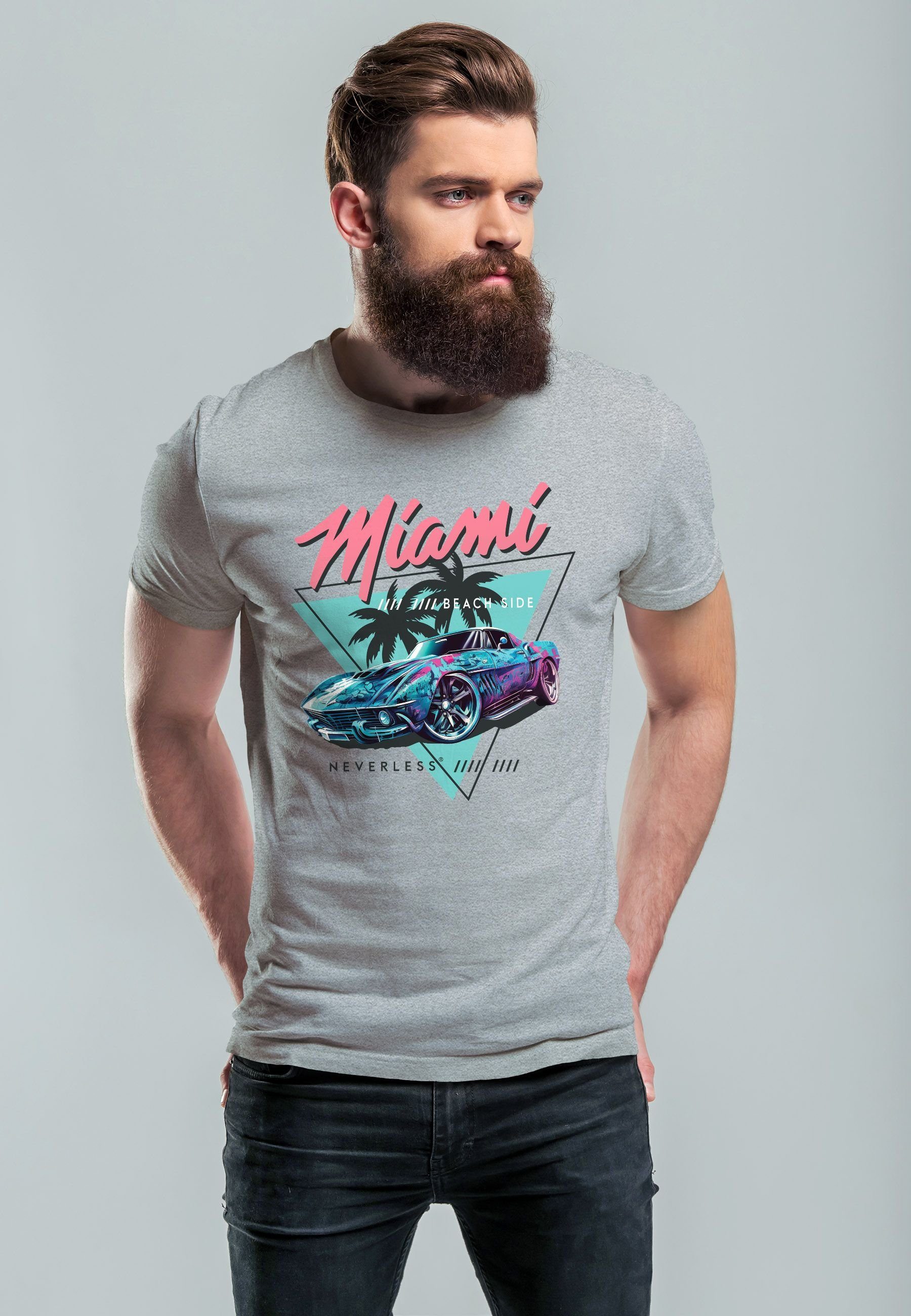 grau Bedruckt Neverless Print Miami Motiv Print-Shirt T-Shirt Beach mit Automobil Retro USA Surfing Herren