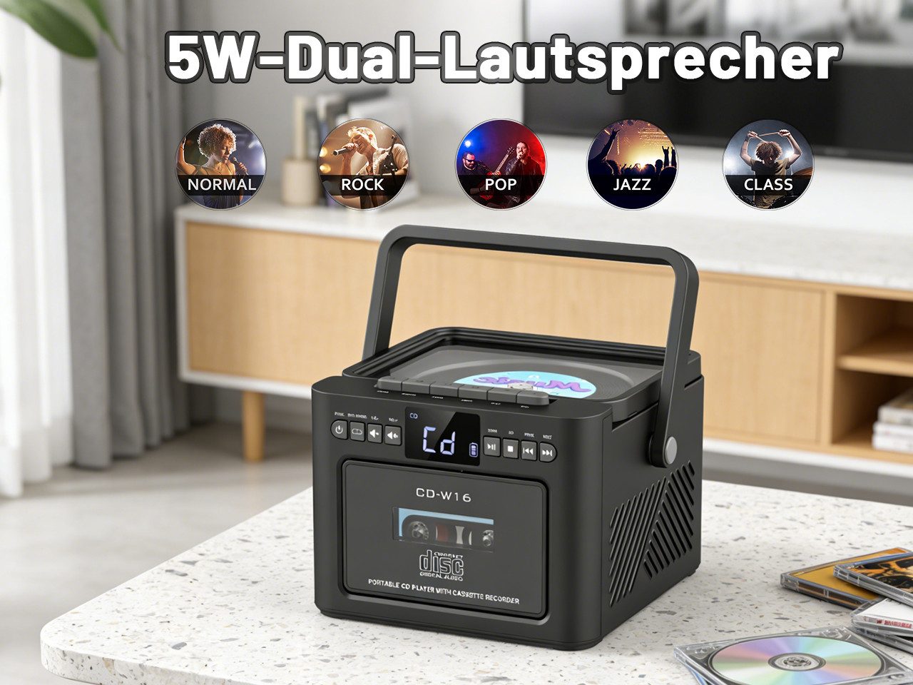 Greadio W16 Tragbarer CD-Player Kassettenrekorder mit Bluetooth 5.1 FM Radio CD-Player (Bluetooth) – Bild 5 von 5