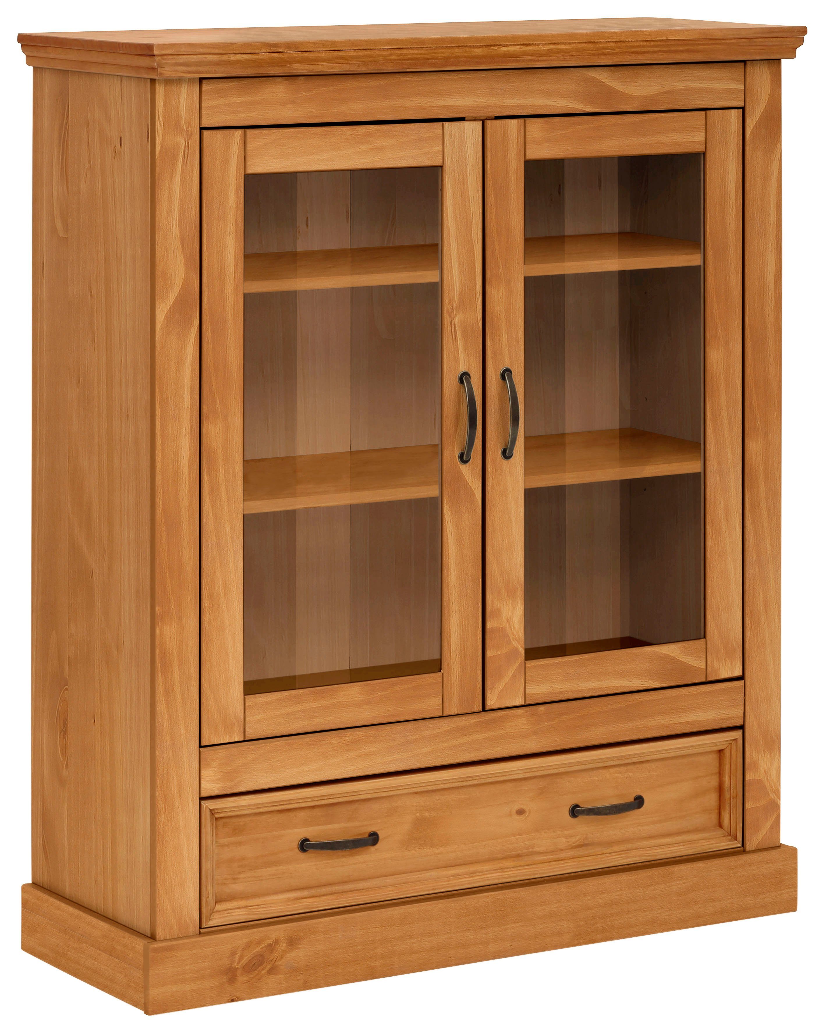 OTTO home Vitrine Selma Highboard aus massivem Kiefernholz, mit Griffen aus antikisiertem Metall