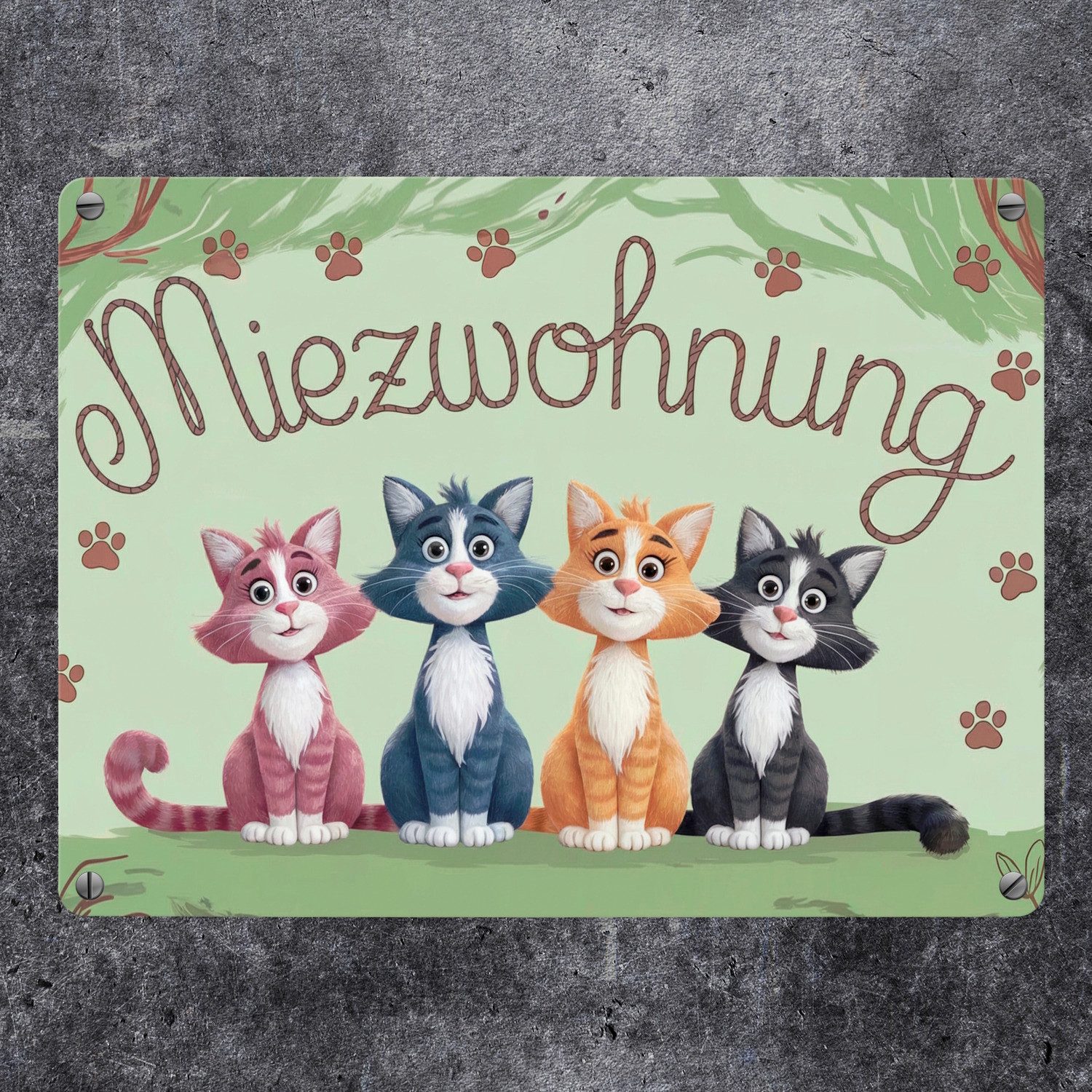 speecheese Metallschild Vier farbige Katzen - Miezwohnung Metallschild in 1 günstig online kaufen