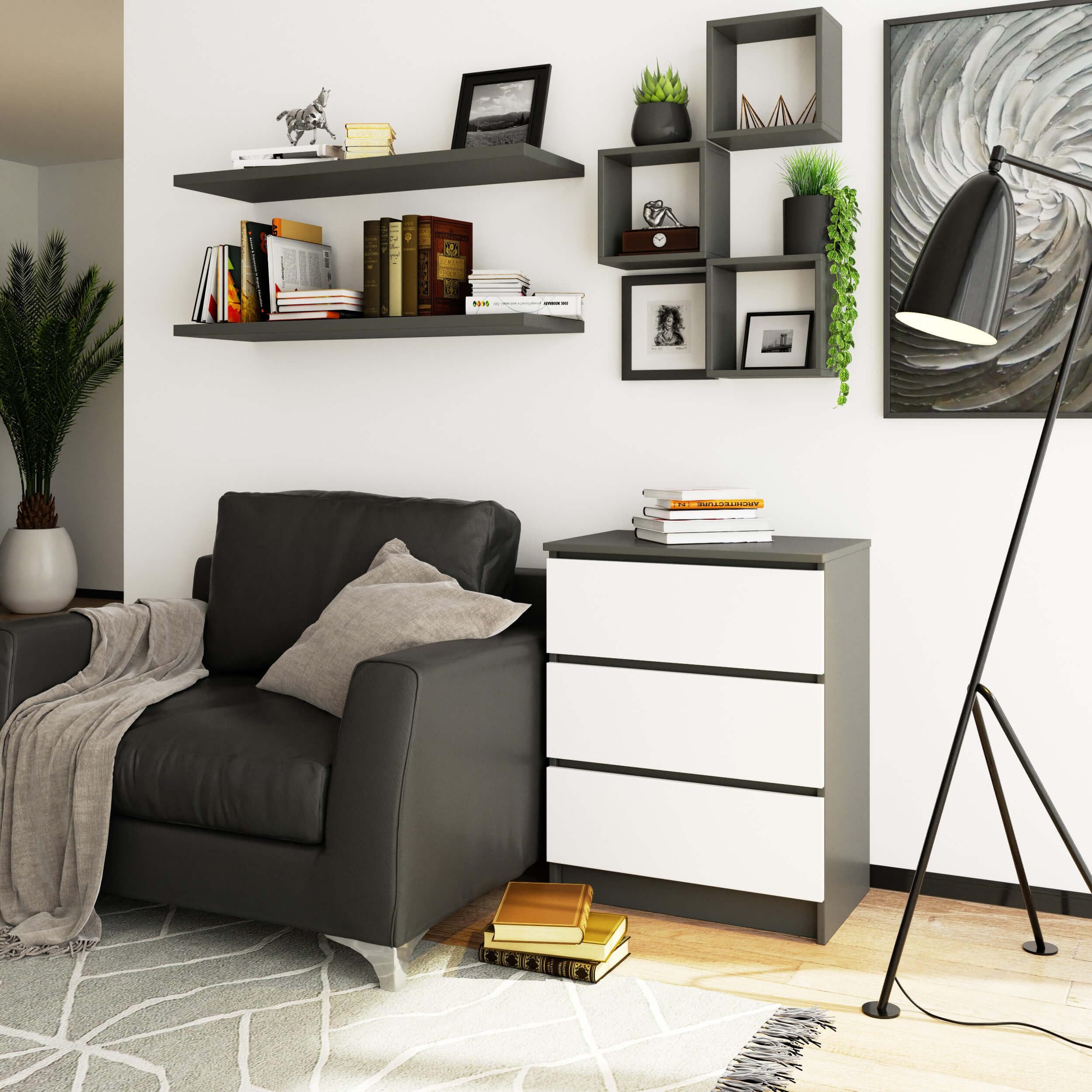 Milord FURNITURE Kommode mit 3 Schubladen 60 cm breit Holz Schrank B60xH77xT40 cm (Highboard Anrichte Schlafzimmer Wohnzimmer Flur Büro Organizer)