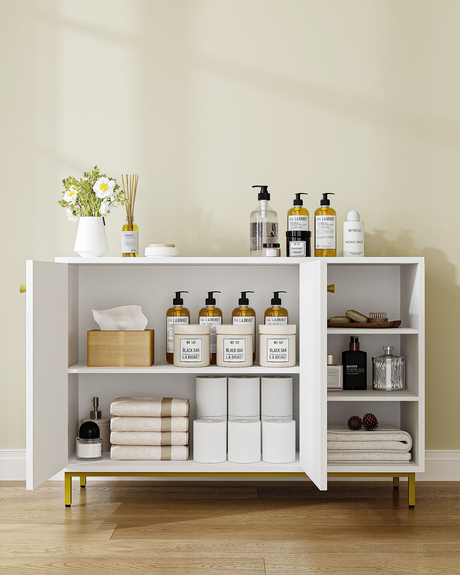 HZUANERI Badkommode Badezimmerschrank, Waschtischunterschrank, Küchenschrank, mit 3 offenem Fach, 2 Türen, verstellbarem Regal, Weiß