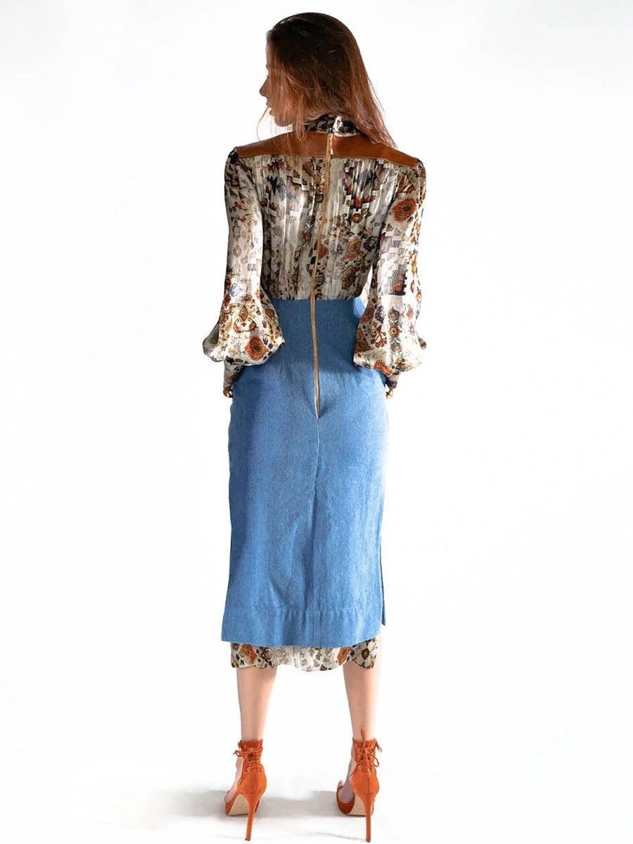 RUA & RUA Midikleid Kleid aus Denim Seide & Leder Etuikleid