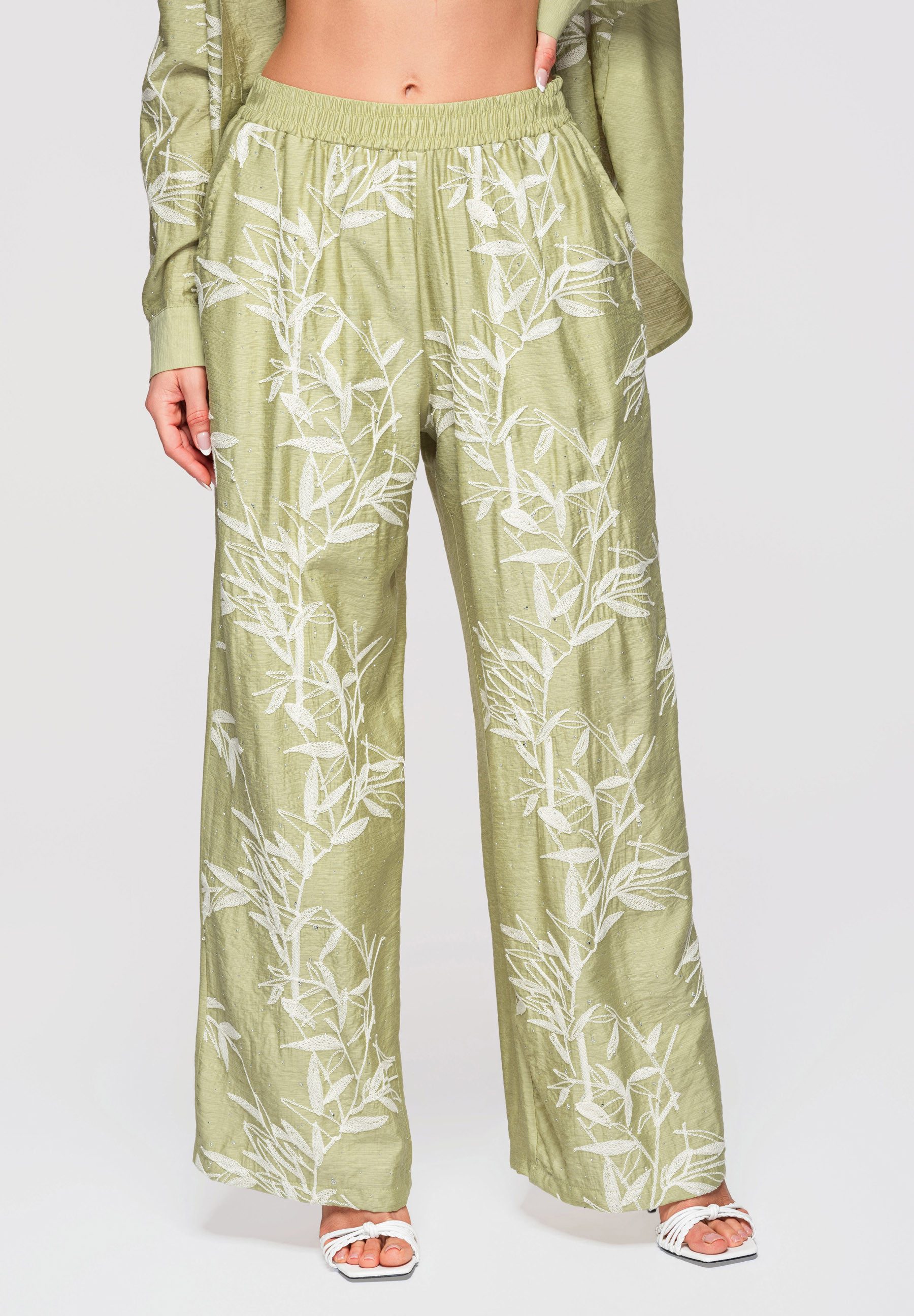 OMBRE Palazzohose Damen Palazzo-Hose Weites Bein Baumwolle Grün S (kein Set, 1-tlg) Elastischer Bund