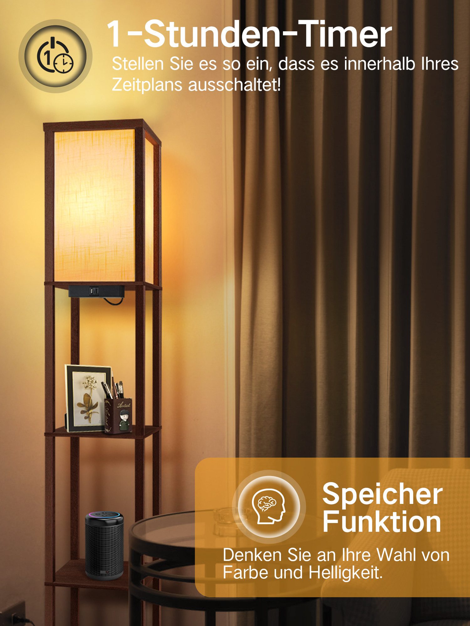 OUTON LED Stehlampe Regal mit Fernbedienung, 2 USB-Anschlüsse und 1H Timer, LED wechselbar, mit eleganter Holzoberfläche und Leinenschirm