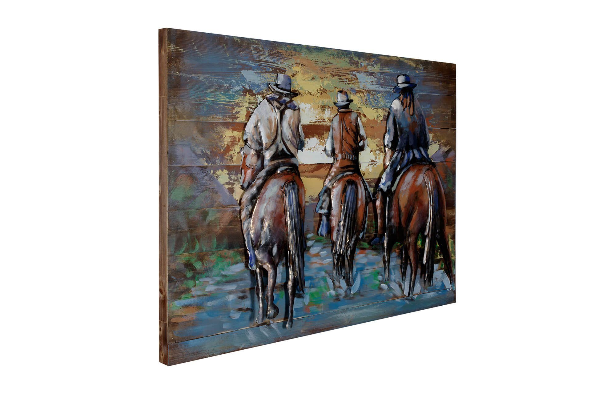 handgefertiges 100x75 KUNSTLOFT Cowboys aus cm, Holzbild Sunset at Wandbild Holz Ride