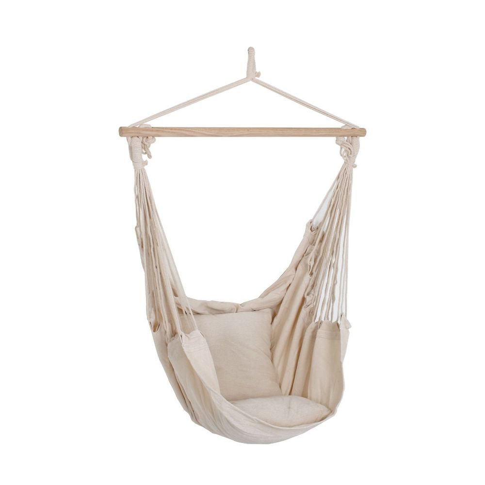 Harms Import Stuhl, Hochwertiger Decken Hänge Sessel Matte beige Holz Textil Baumwolle