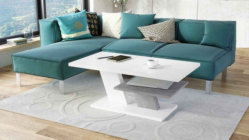 Mazzoni Couchtisch »Design Couchtisch Tisch Cliff Weiß matt / Beton Betonoptik Wohnzimmertisch 110x60x45cm mit Ablagefläche«