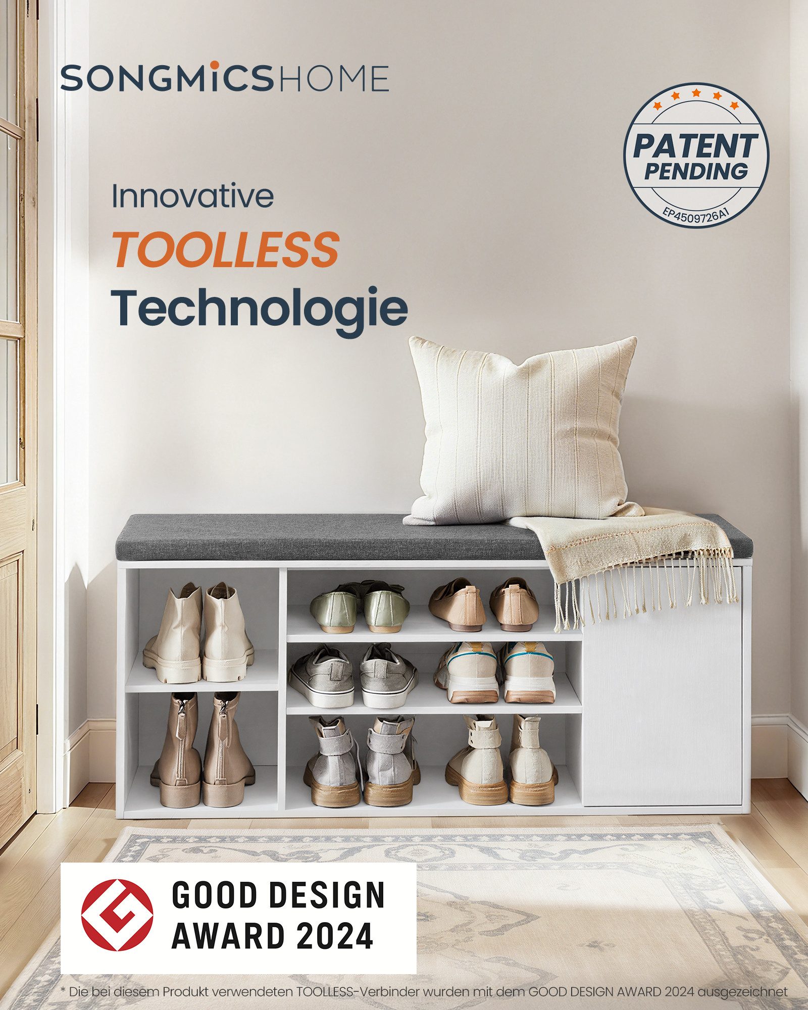 SONGMICS HOME Schuhbank Sitzbank mit Stauraum, offene Fächer, verstellbar, Schuhschrank, Toolless-Technologie, superschnelle werkzeuglose Montage – Bild 2 von 5