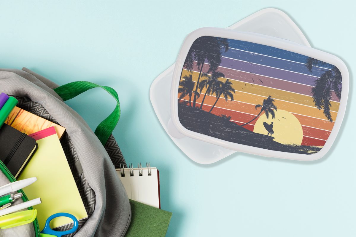 MuchoWow Lunchbox Illustration eines Surfers Mädchen Erwachsene, weiß Jungs und für Sonnenuntergang, für bei und Brotdose, (2-tlg), Kunststoff, Brotbox Kinder