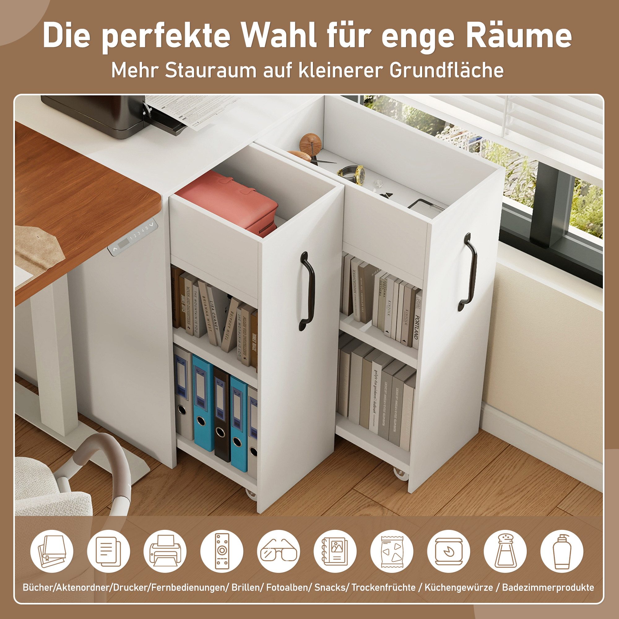 Odikalo Aktenschrank Sideboard Nachttisch Rollen Fächern Schublade Austauschbar Ausziehbar (Aktenschrank auf Rollen 52x50x75 cm - mit Fächern und Schubladen, Aktenschrank aus Holz, links-rechts tauschbar, Einzelschrank voll ausziehbar, mit Absturzsicherung, Sofa-Beistellschrank, Nachttisch)
