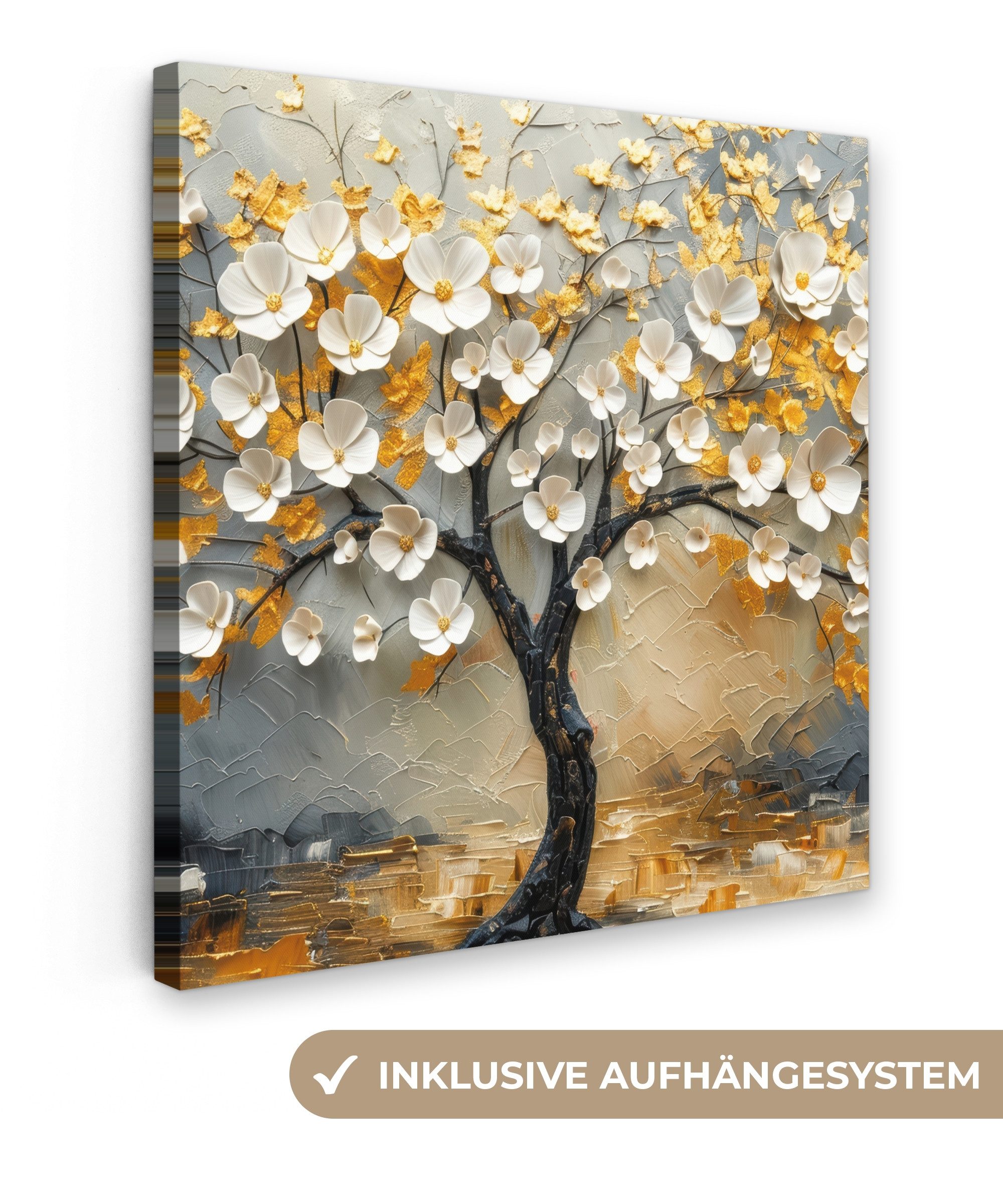 OneMillionCanvasses® Leinwandbild Baum - Blumen - Gold - Beige, Fotodruck ( günstig online kaufen