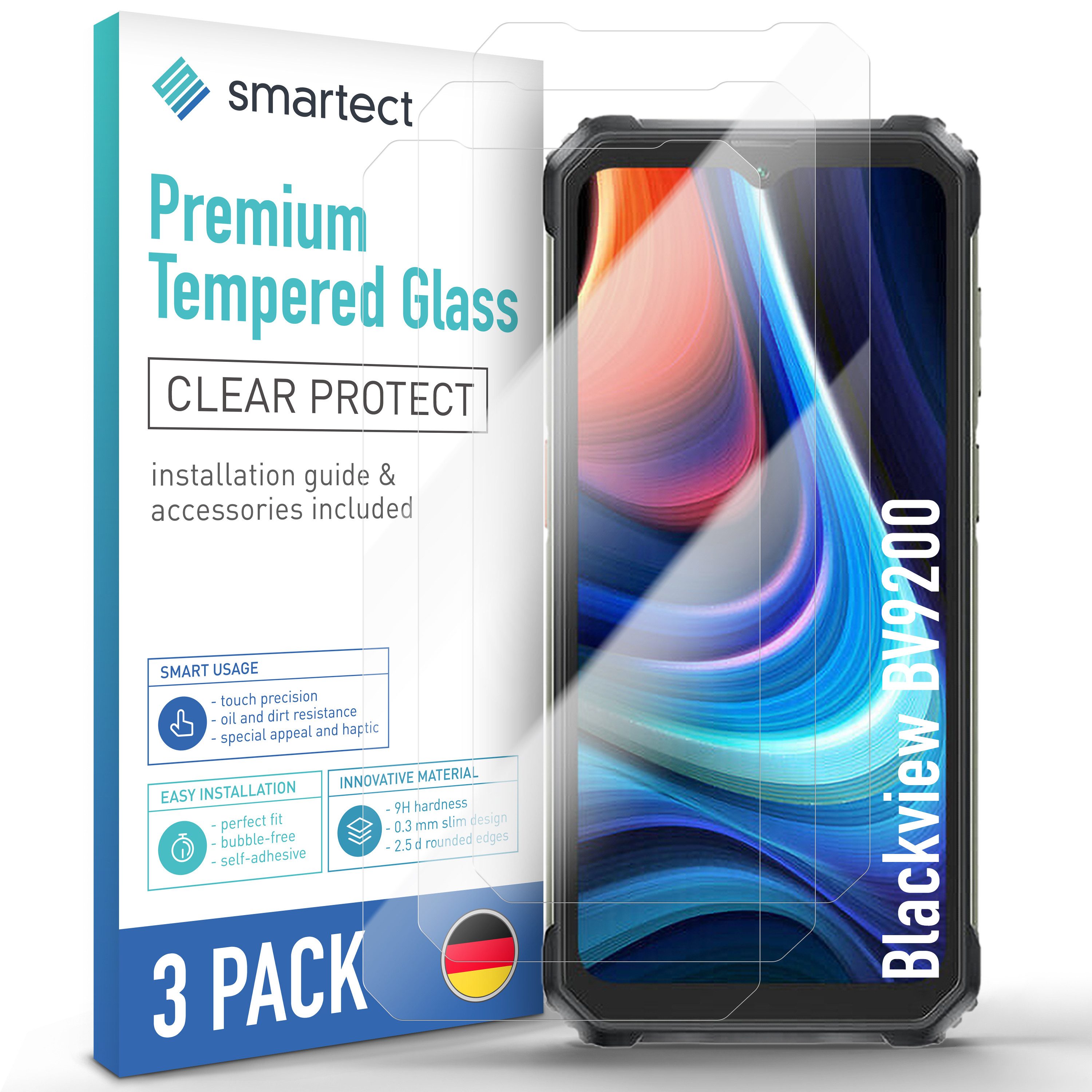 smartect Displayschutzglas Schutzglas Panzerfolie Klar für Blackview BV9200/BV6200/BV 6200 Pro, Set, 3 Stück, Schutzfolie Glasschutz