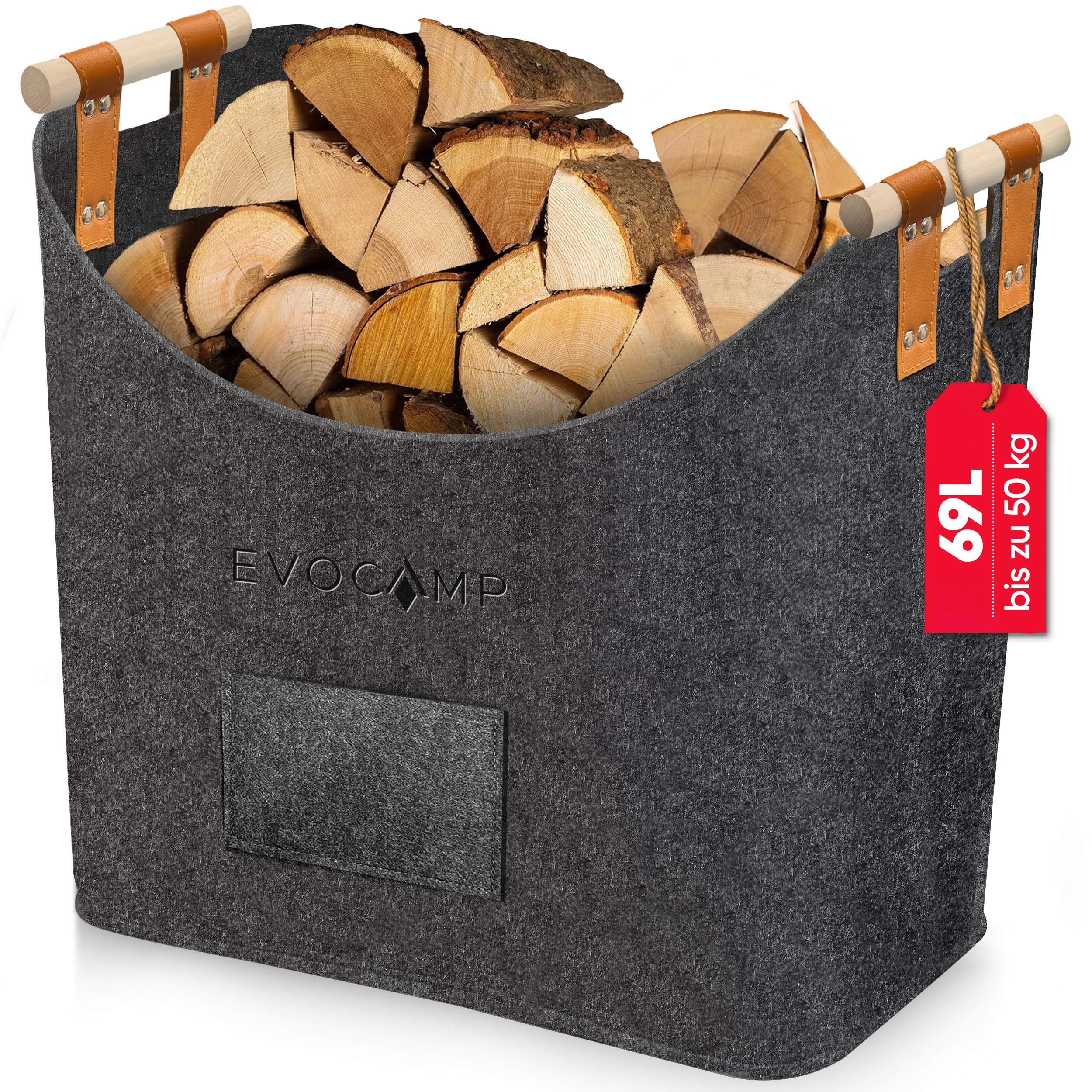 EVOCAMP Kaminholzkorb Filzkorb XXL Filztasche für Brennholz Zeitungen und mehr 44x44x30 cm (Holzkorb in Dunkelgrau mit Holzgriffen Holzaufbewahrung - 69L)