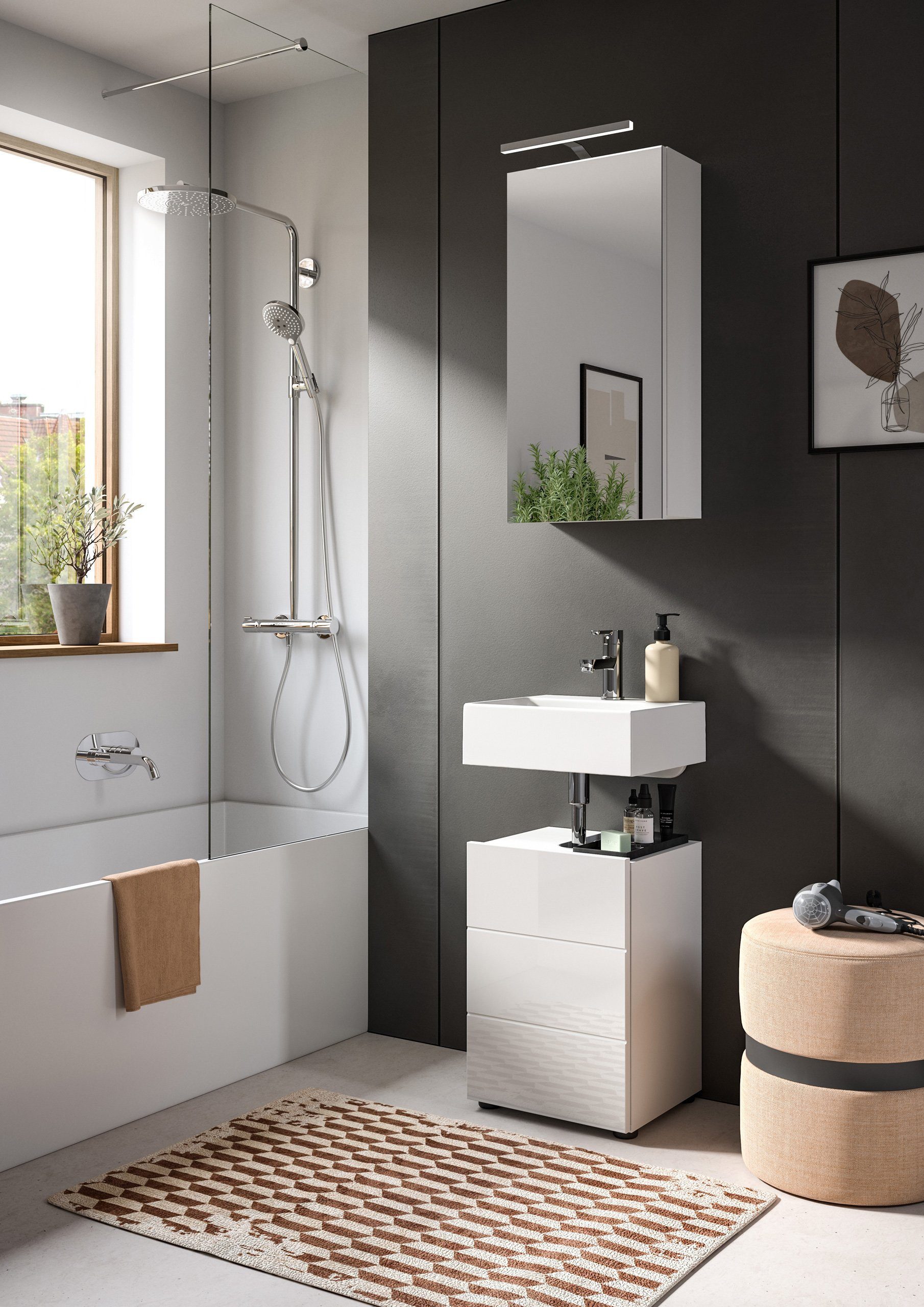 Newroom Waschbeckenunterschrank Valea Waschbeckenunterschrank Weiß Hochglanz Waschtischunterschrank Badu...