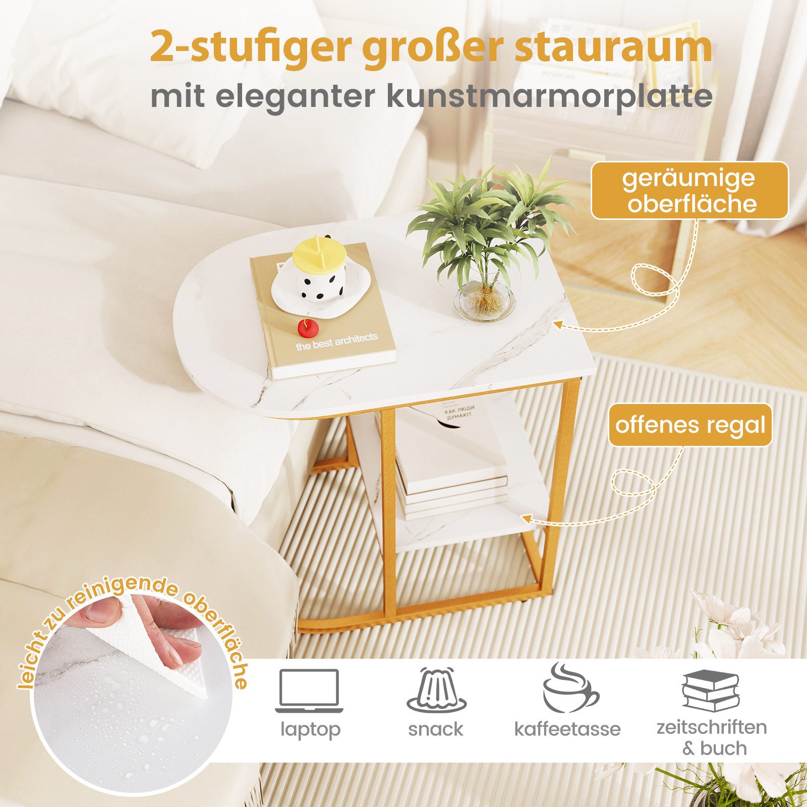 COSTWAY Beistelltisch, Marmor, 2-stöckiger Sofatisch mit Ablage, C Form