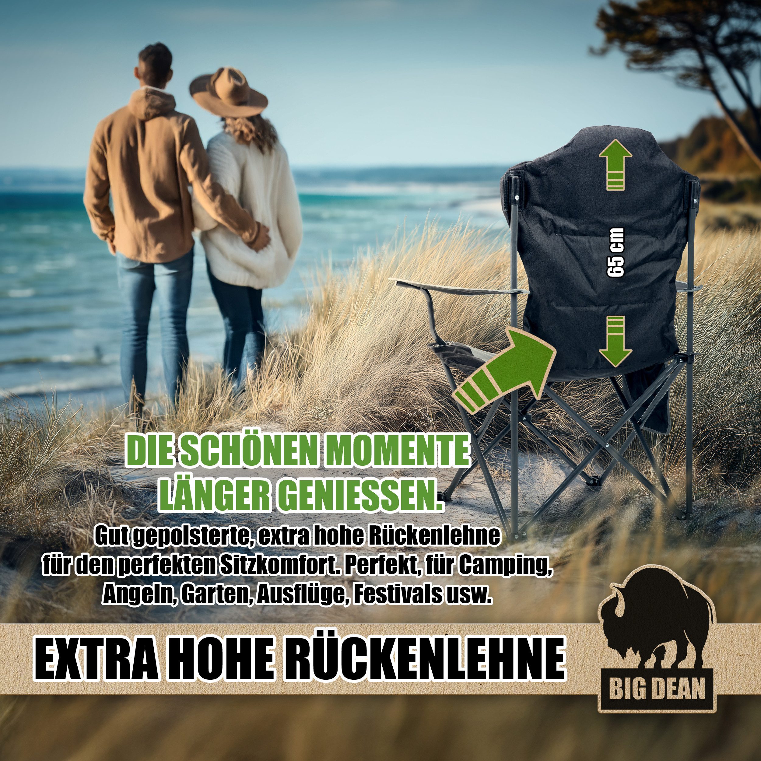 BigDean Campingstuhl Luxus Campingstuhl Faltbar 160 KG Belastbar Ultragroß mit Hochlehner (Packung, 1 St), Outdoor-Komfort mit höchstem Niveau