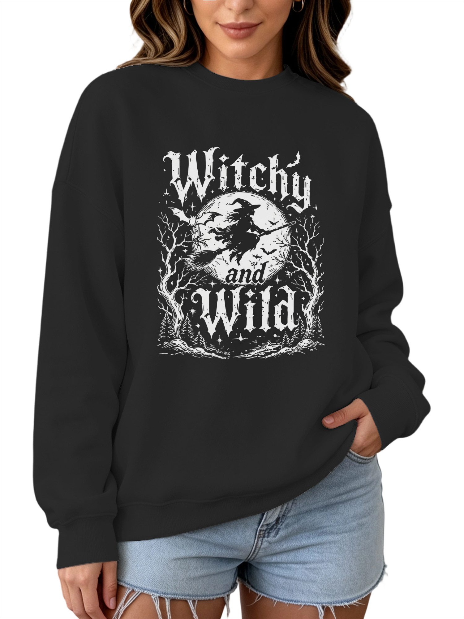 PYLIKE Rundhalspullover Damen Crew Neck Oversized Sweatshirt mit Halloween-Hexe Print Halloween Special Feiertag tragen