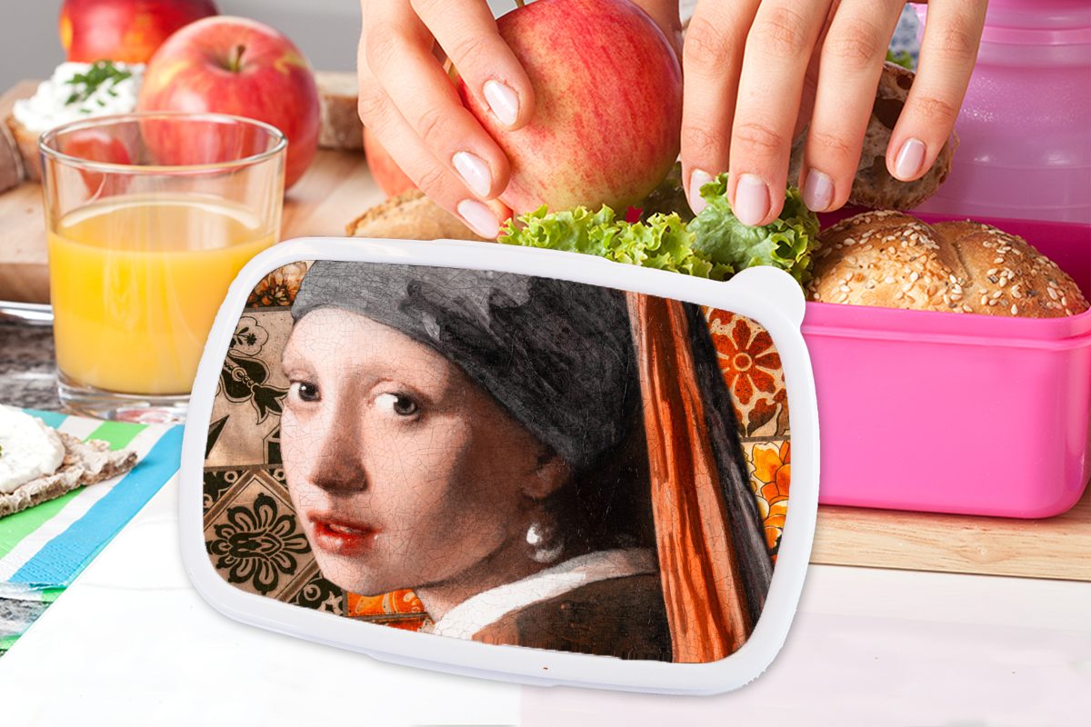 MuchoWow Lunchbox Das Erwachsene, für Brotdose Snackbox, dem rosa (2-tlg), Brotbox Mädchen, Collage, Kunststoff Kunststoff, Perlenohrring Mädchen Vermeer - mit Kinder, 
