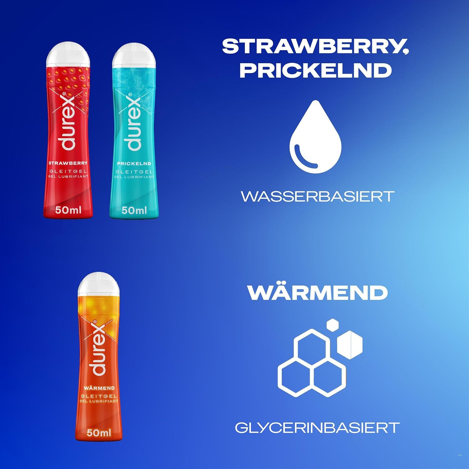 durex Gleitgel Play Fun Mix Wärmend + Prickelnd + Strawberry (3 x 50ml), Ausprobier-Set, 3-tlg., kondomgeeignet