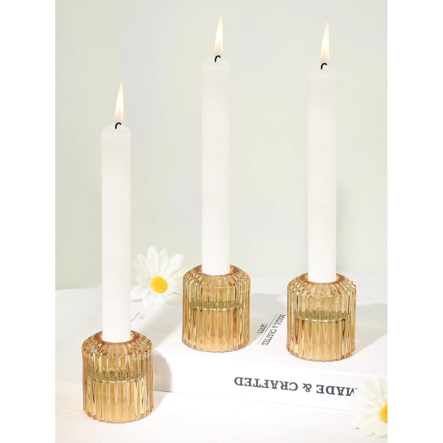 Kerzenständer Kerzenständer Glas 3er Set Stabkerzen Teelichter Bernstein