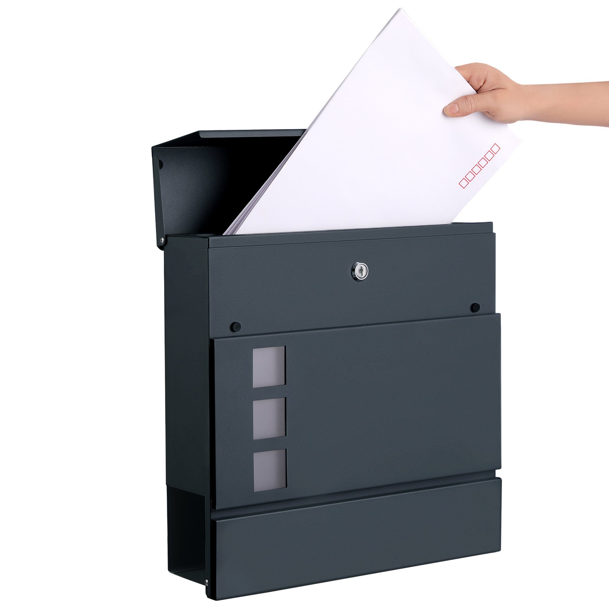 SONGMICS Briefkasten Postkasten mit Zeitungsfach, 10,5 x 37 x 37 cm, 2 Schlüssel, anthrazit, Aufkleber gegen unerwünschte Werbung, abschließbar, einfache Montag – Bild 5 von 5