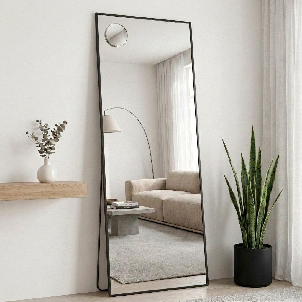 SONGMICS Standspiegel Ganzkörperspiegel mit saughaftem, verschiebbarem Vergrößerungsspiegel (set), stehend oder wandmontiert, 160 x 50 / 150 x 40 cm, Hartglas, gewölbt