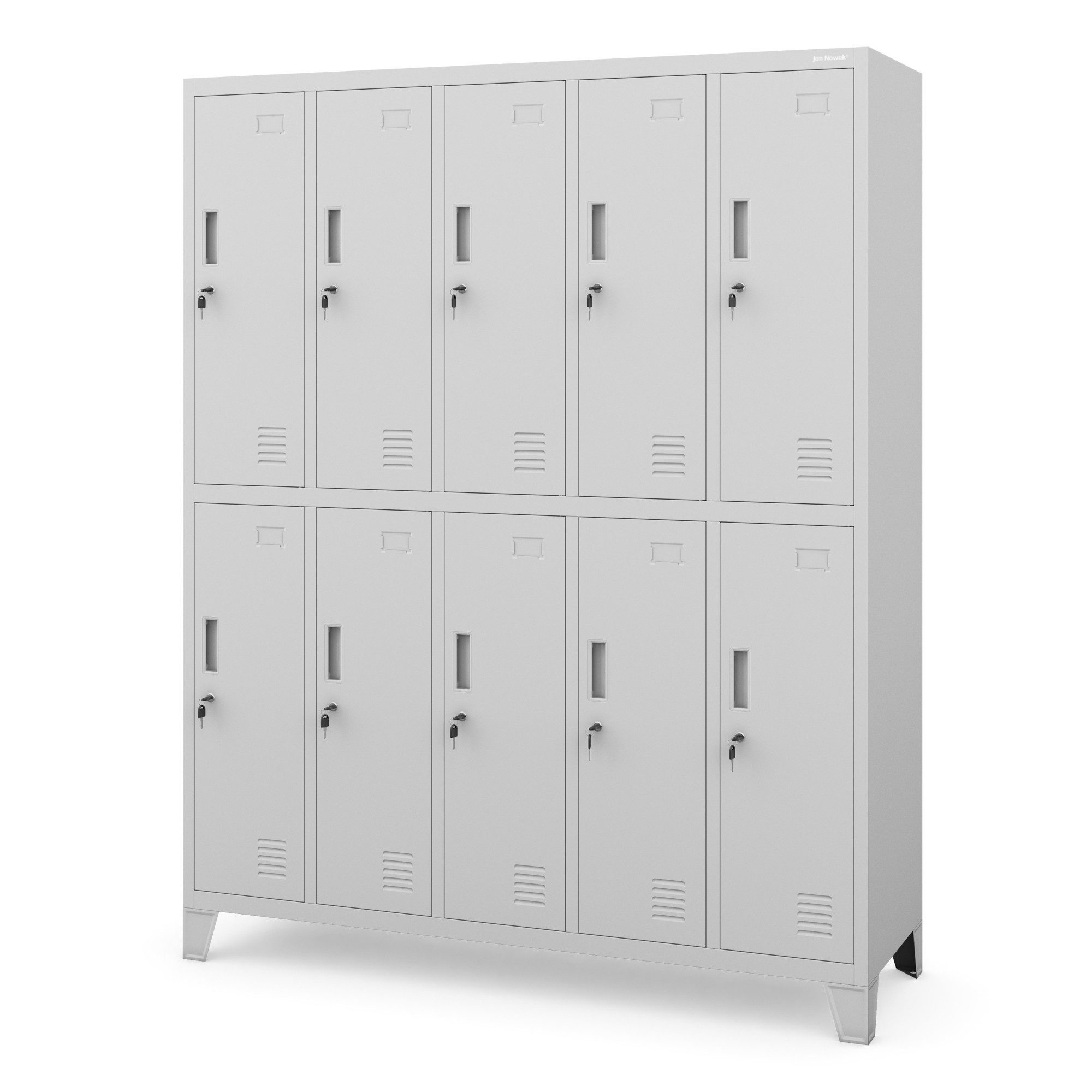 Jan Nowak Mehrzweckschrank Metall Kleiderspind 136 cm BARTEK 10 Fächer abschließbar Stahl (Stahl pulverbeschichtet PZH-zertifiziert) Garderobenschrank Schloss je Fach hoch robust 12 Farben PZH