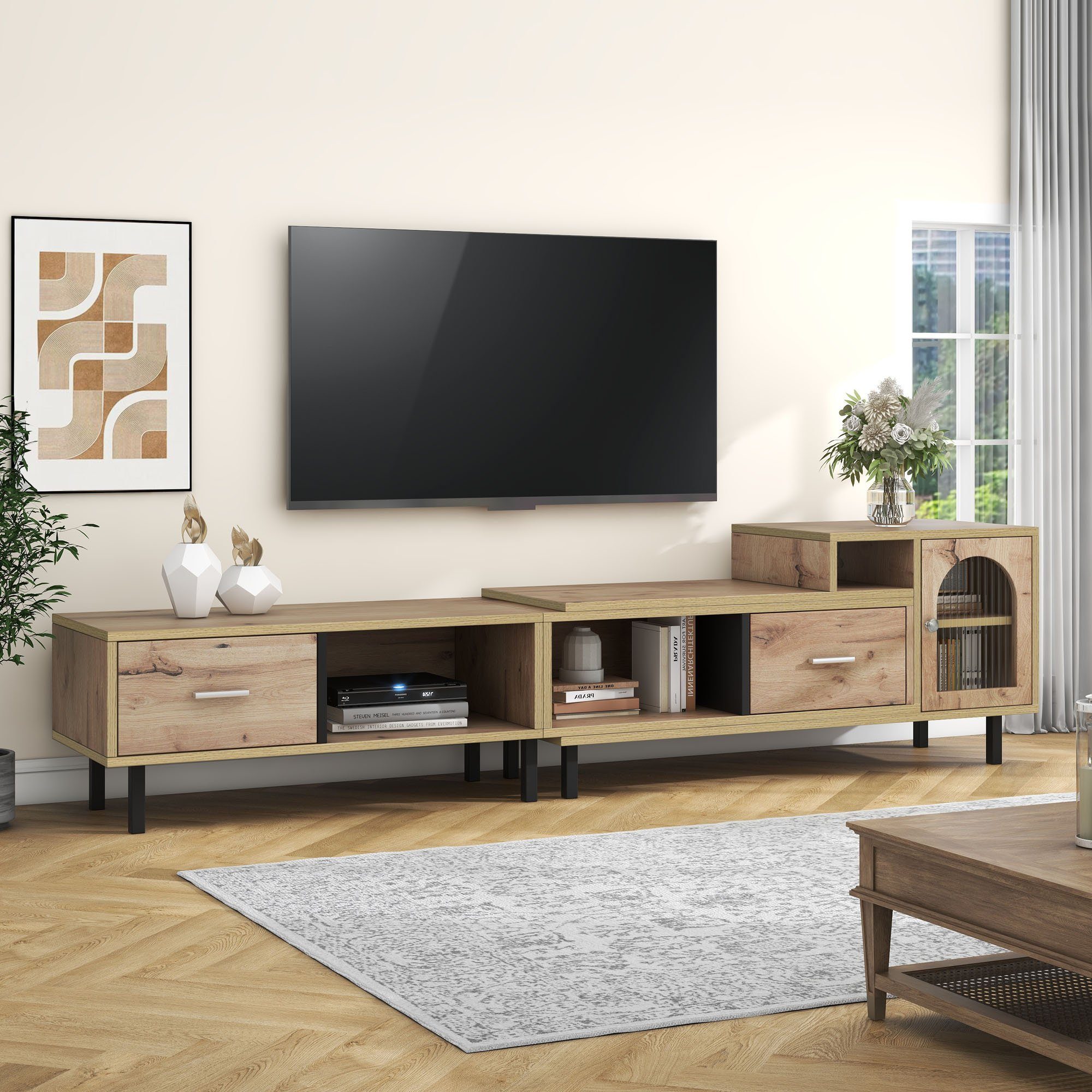 Odikalo TV-Schrank Sideboard Erweiterbar Holzoptik 4 Fächer 2 Glastür  200-278 cm Natur