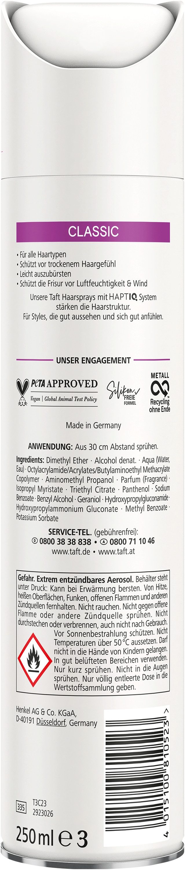 Taft Haarspray Classic Halt & Schutz, Vegan, 250ml, 1-tlg., HaptIQ System