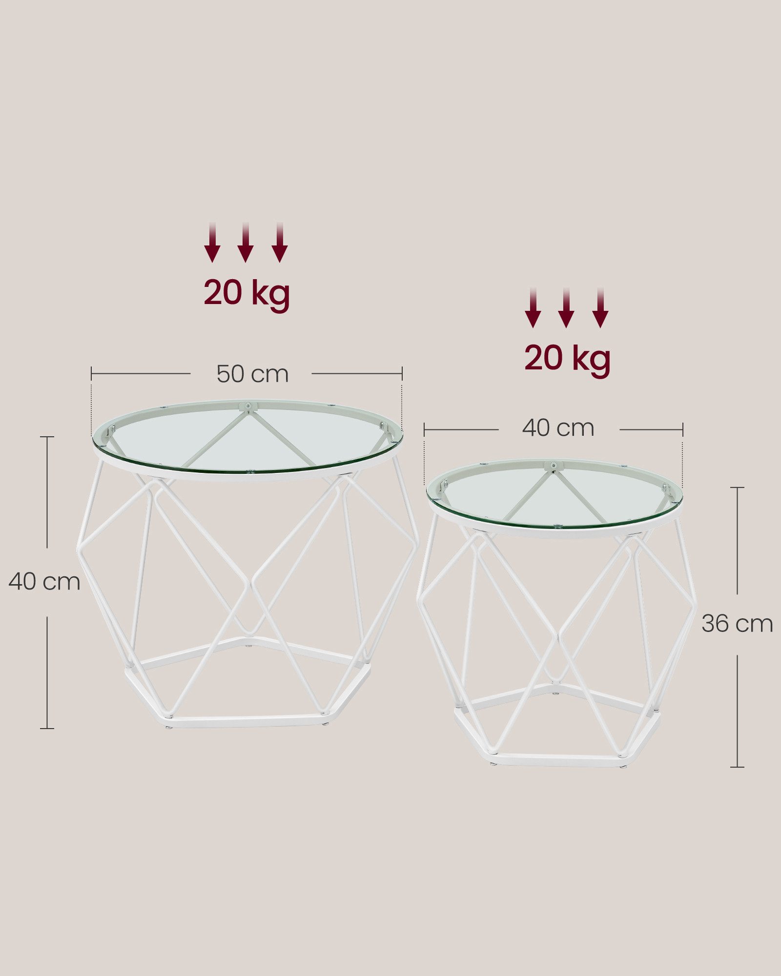 VASAGLE Couchtisch rund, Wohnzimmertisch, modern, Satztisch, Metall (2er Set, inkl. Zubehörpaket & Anleitung, Glas), Beistelltisch, abnehmbare Tischplatte, Ø50x40cm+Ø40x36cm