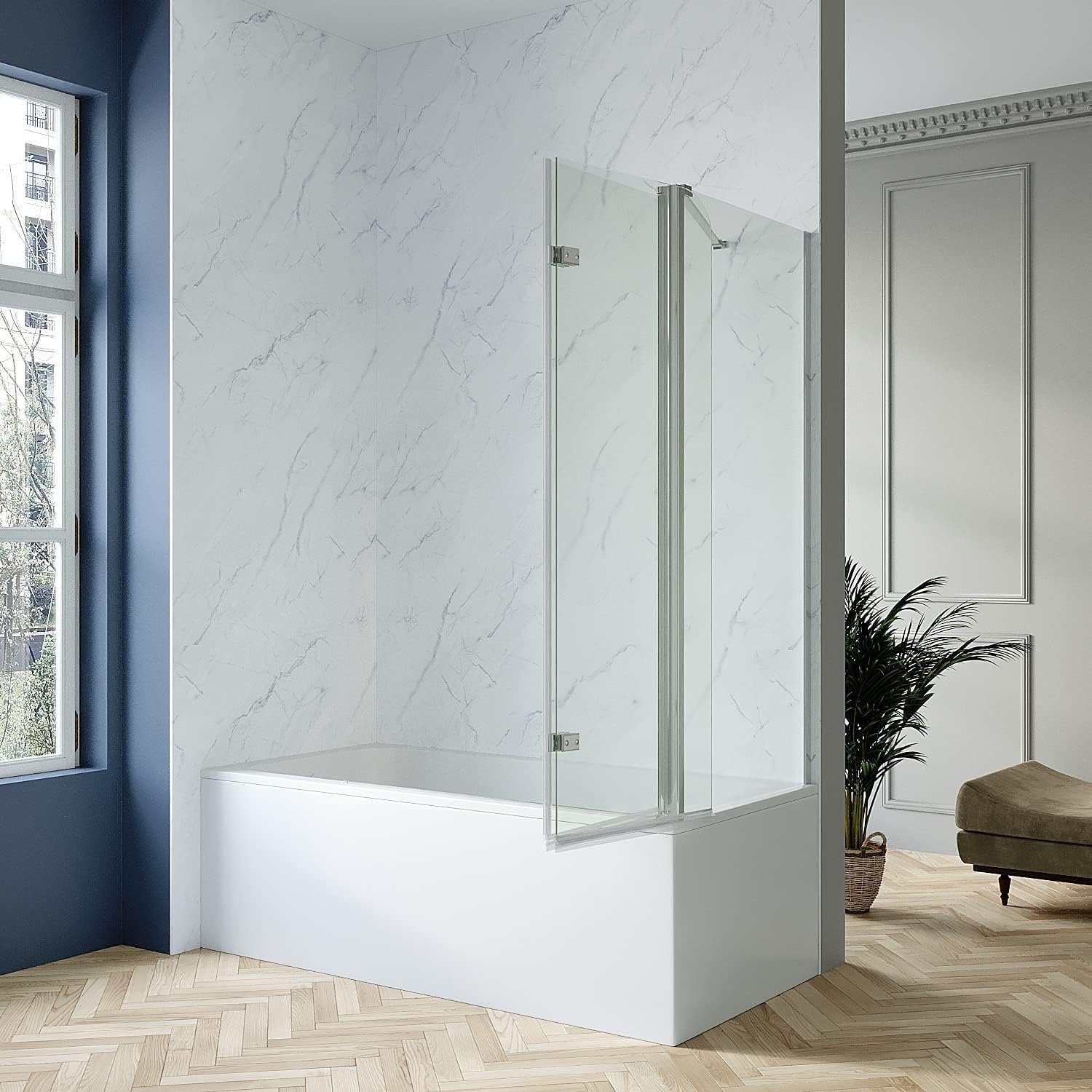 AQUABATOS Badewannenfaltwand Glas mit Seitenwand Duschtrennwand für Badewanne 100x75x140 cm, 5 mm Einscheiben-Sicherheitsglas (ESG)