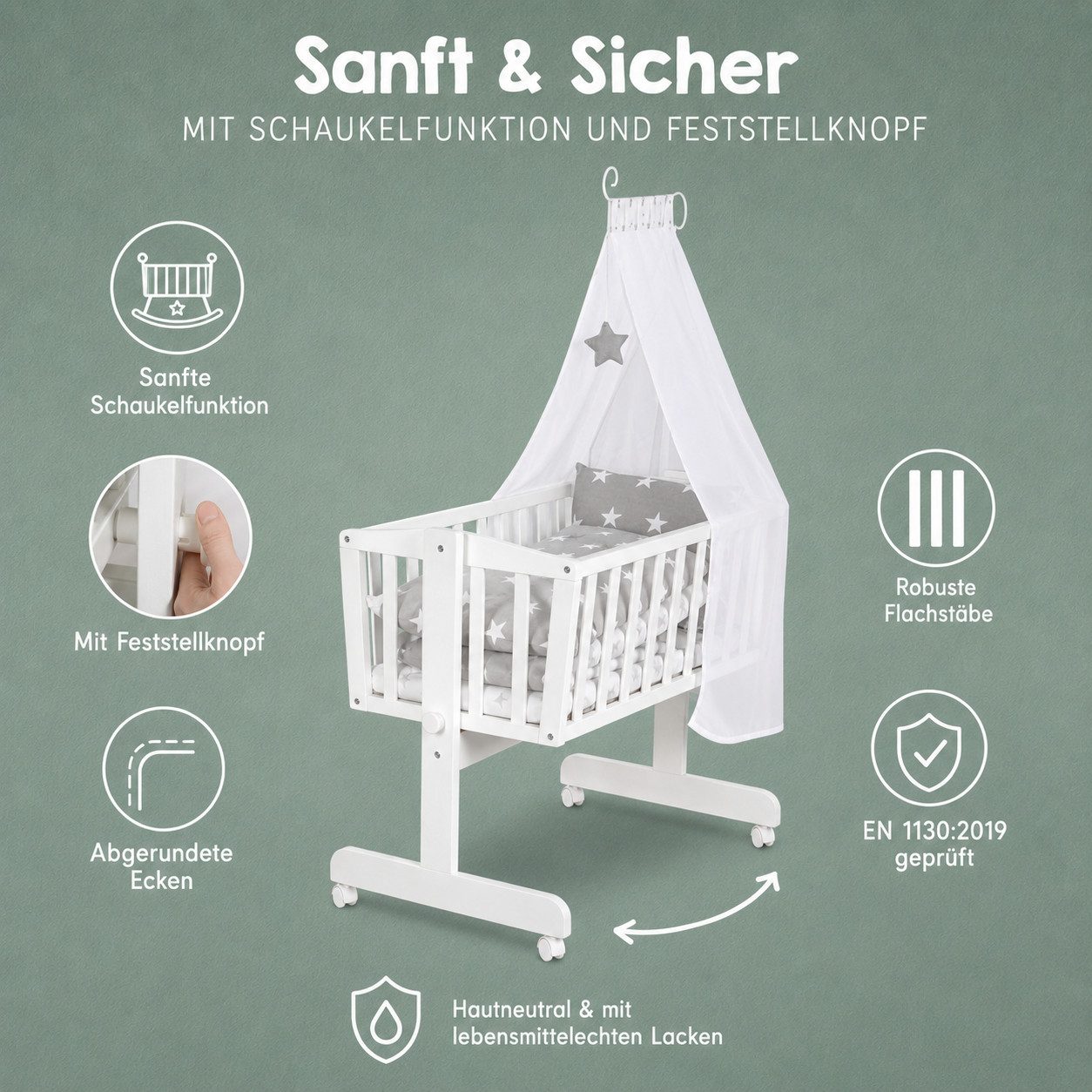 roba® Stubenbett Komplettwiegenset "Little Stars", Stubenwagen & Wiege aus Holz in Weiß / Grau