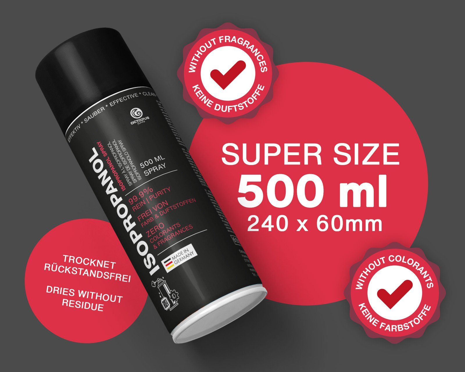 OCTOPUS Fluids 99,9% Isopropanol Spray, Reiniger und Fettlöser Nachfülltinte (12x 500 ml)