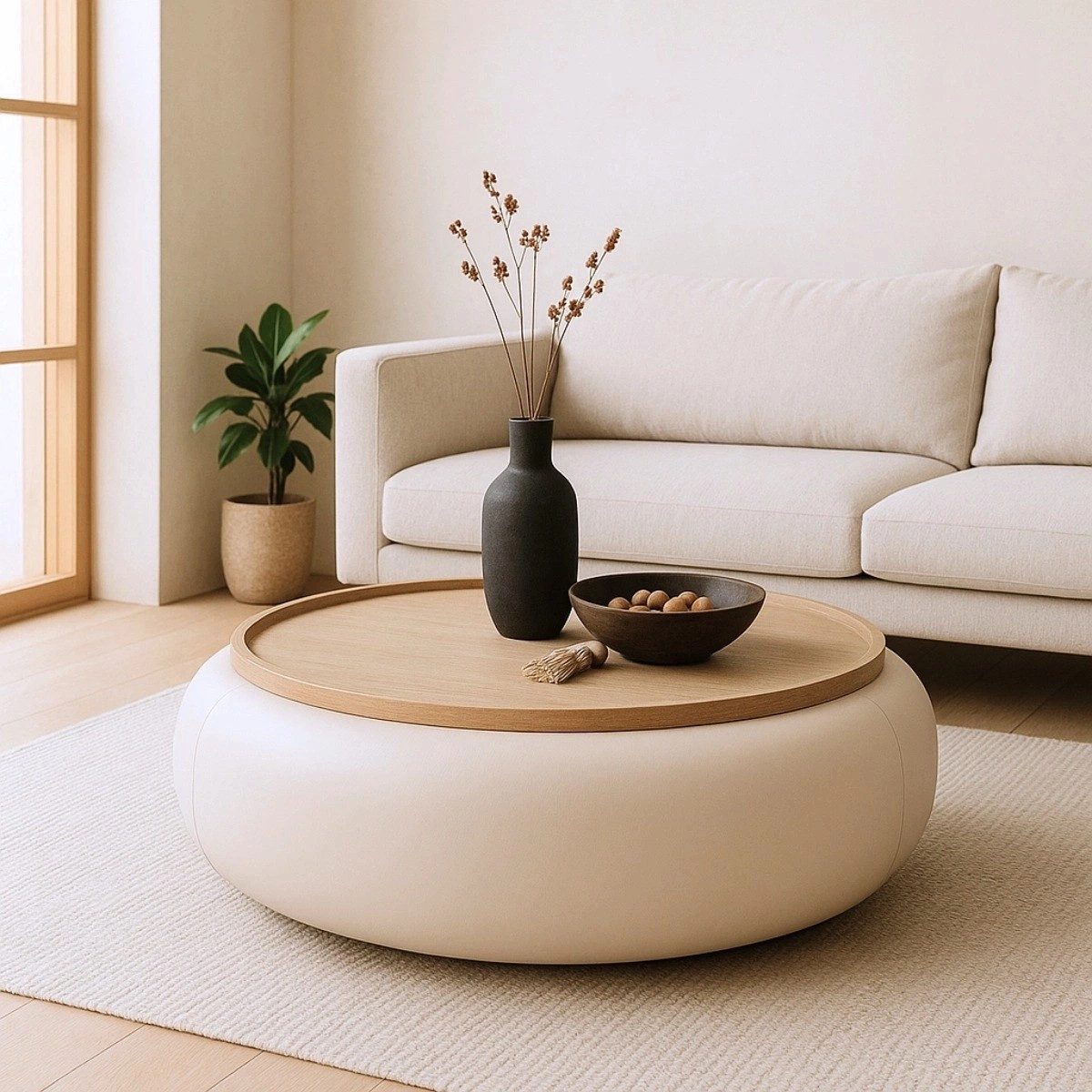 LEVEN Lifestyle LOVANI Wohnzimmertisch Beige Rund mit Stauraum Ø 102 cm, abnehmbare Tischplatte Ø74 cm