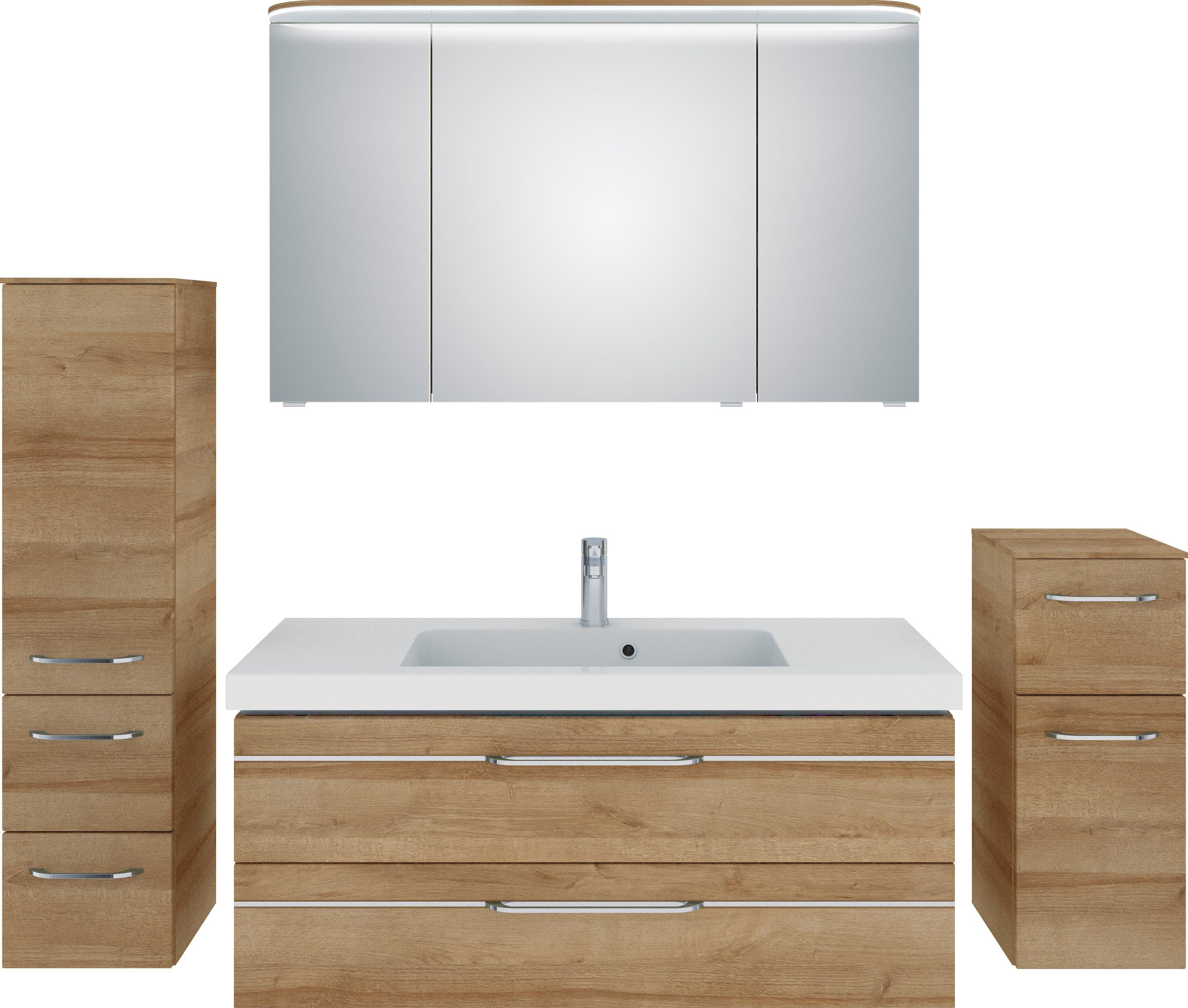 Saphir Badmöbel-Set Balto Sprint 4-teilig, Mineralmarmor-Waschtisch mit LED-Spiegelschrank, (5-St), Unterschrank, Midischrank, inkl. Türdämpfer, 5 Türen, 5 Schubladen