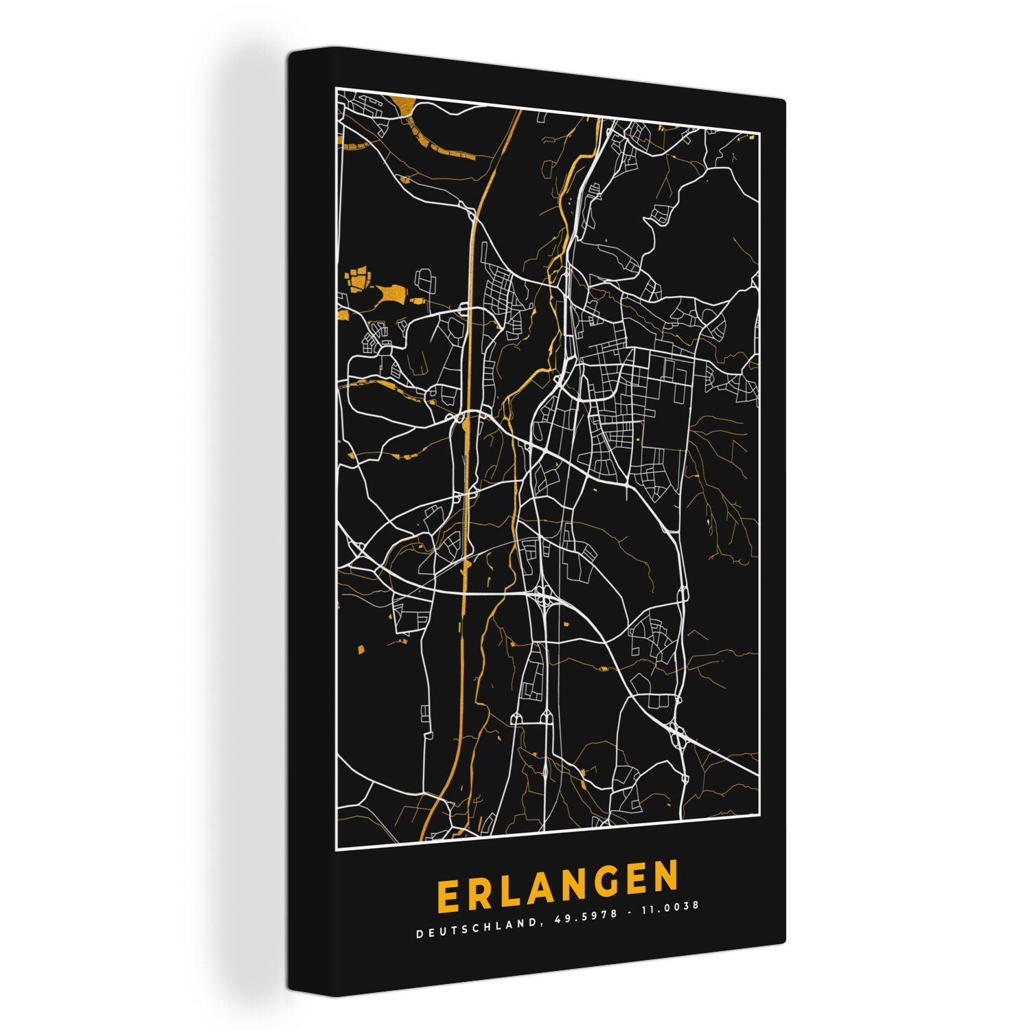 OneMillionCanvasses® Leinwandbild Stadtplan - Karte - Erlangen - Gold - Deutschland - Karte, (1 St), Leinwandbild fertig bespannt inkl. Zackenaufhänger, Gemälde, 20x30 cm