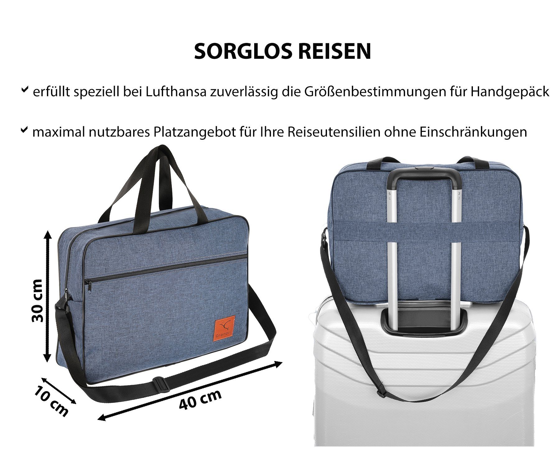 Granori Reisetasche 40x30x10 cm Handgepäck für Lufthansa Flug, extra leicht, mit verstellbarem Schultergurt