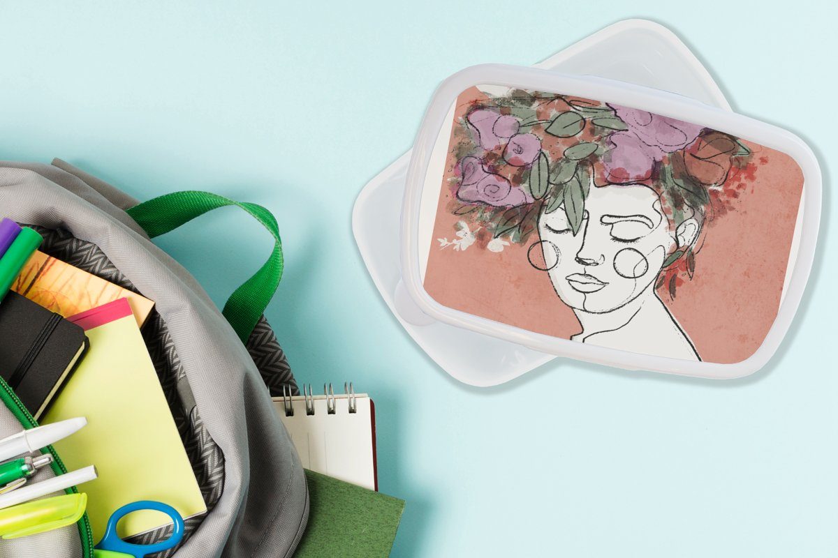 für und Brotdose, Mädchen - Brotbox - Kinder MuchoWow Kunststoff, und Erwachsene, Blumen - (2-tlg), Lunchbox Frau Jungs weiß Porträt Pastell, für