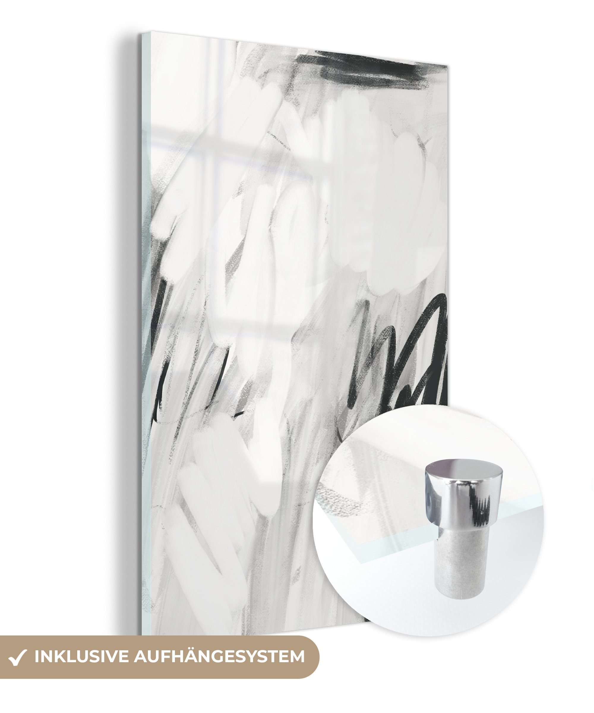 Grau, auf Weiß Glas - Glas Wandbild (1 - Foto Acrylglasbild MuchoWow - - Glasbilder Schwarz - auf Wanddekoration - St), Bilder Kunst