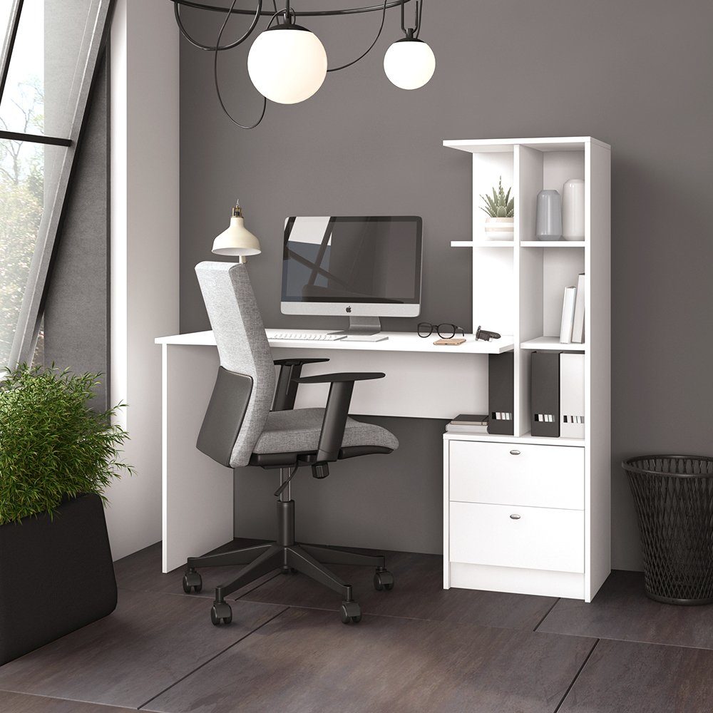 Vicco Schreibtisch Bürotisch DENTON Weiß Schubladen Ablagefächer 2 Arbeitstisch