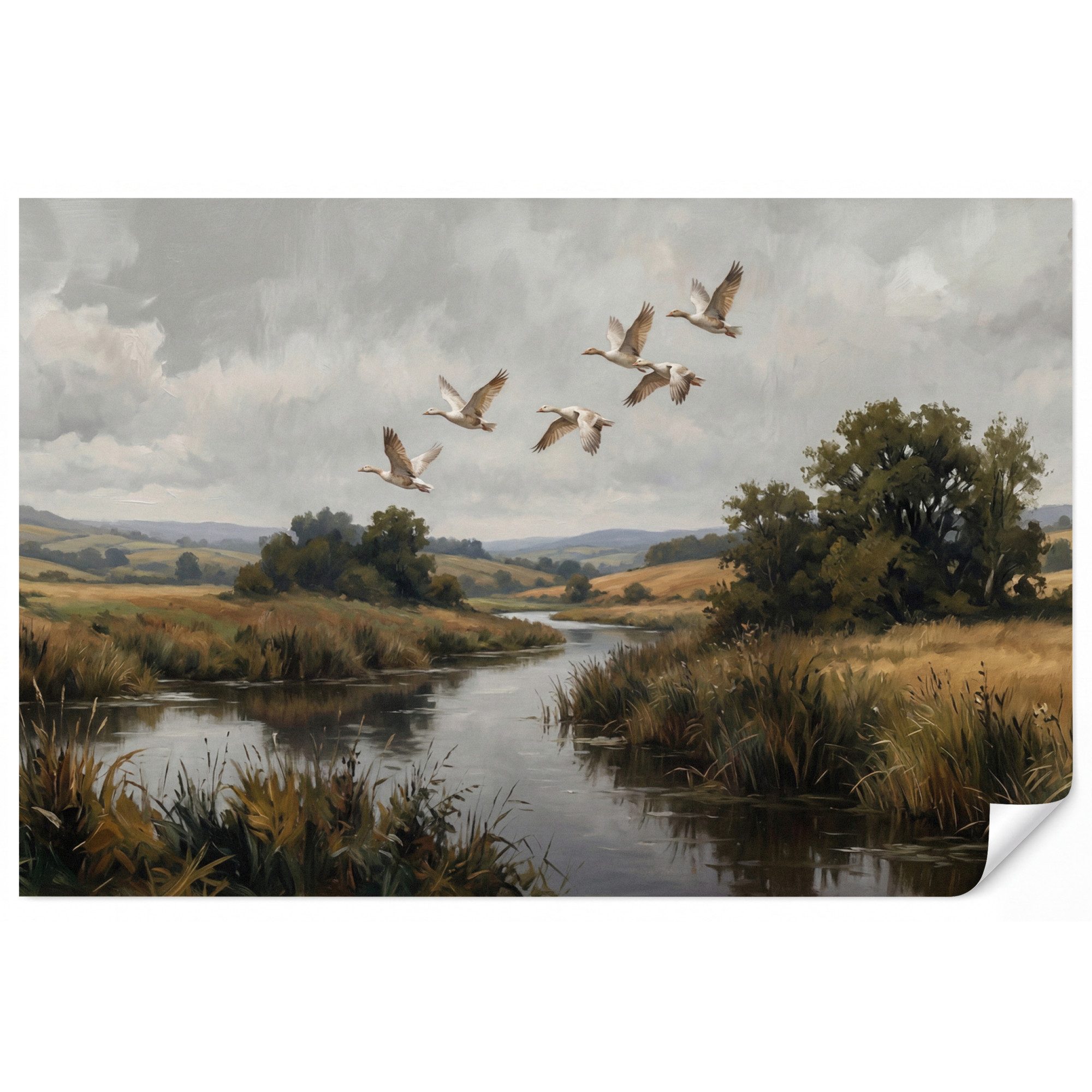 OnlyWow Fototapete Enten - Fluss - Landschaft - Flug - Nostalgisch, Matt, bedruckt, Wohnzimmer, Modern, bedruckt, Vinyl Tapete 100x70cm
