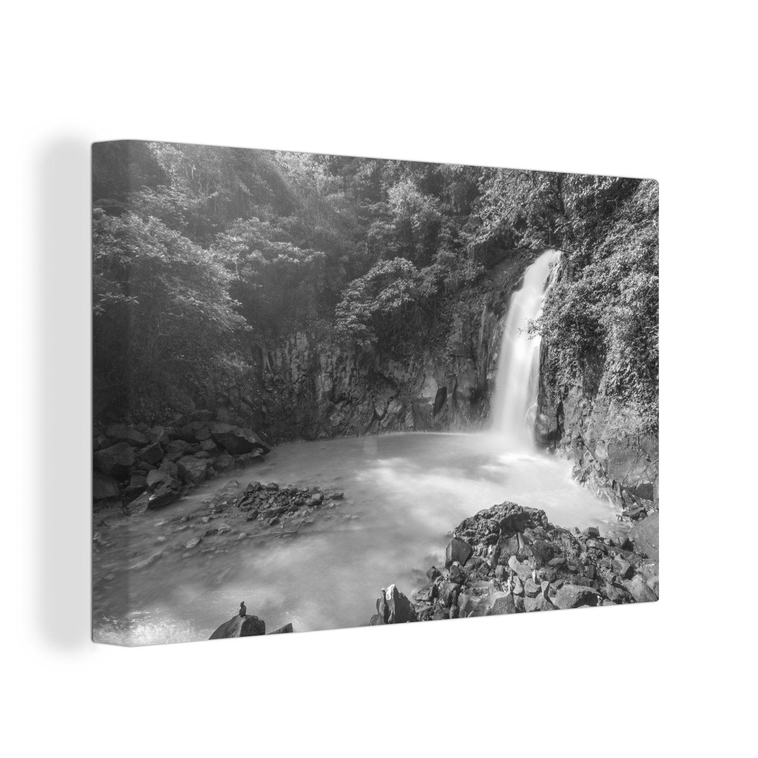 30x20 cm OneMillionCanvasses® Leinwandbilder, Rio Leinwandbild Wandbild in Aufhängefertig, in Celeste-Wasserfall St), (1 am Costa Tenoria-Vulkan Wanddeko, Rica schwarz-weiß,