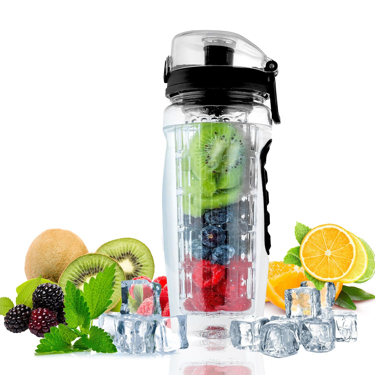 OSTWOLKE Trinkflasche Wasserflasche mit Früchtesieb 3 Farben 960ml